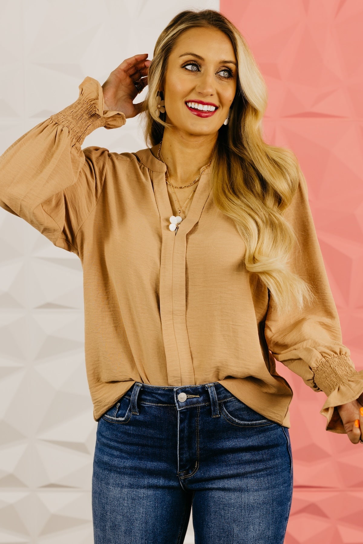 The Lillian V-Neck Cinch Sleeve Blouse