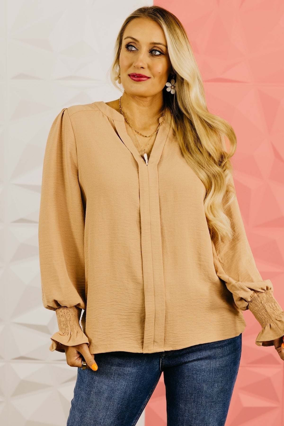 The Lillian V-Neck Cinch Sleeve Blouse