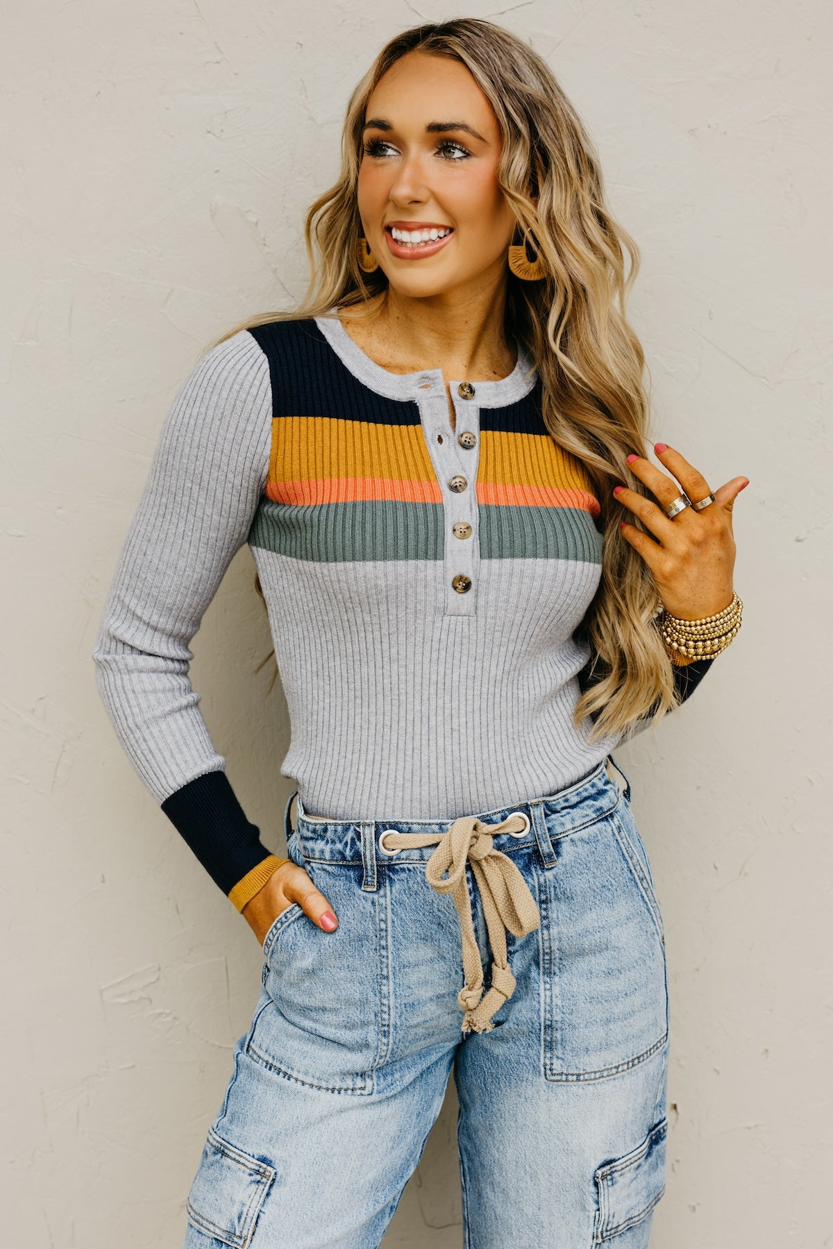 The Ramona Rib Striped Henley Sweater