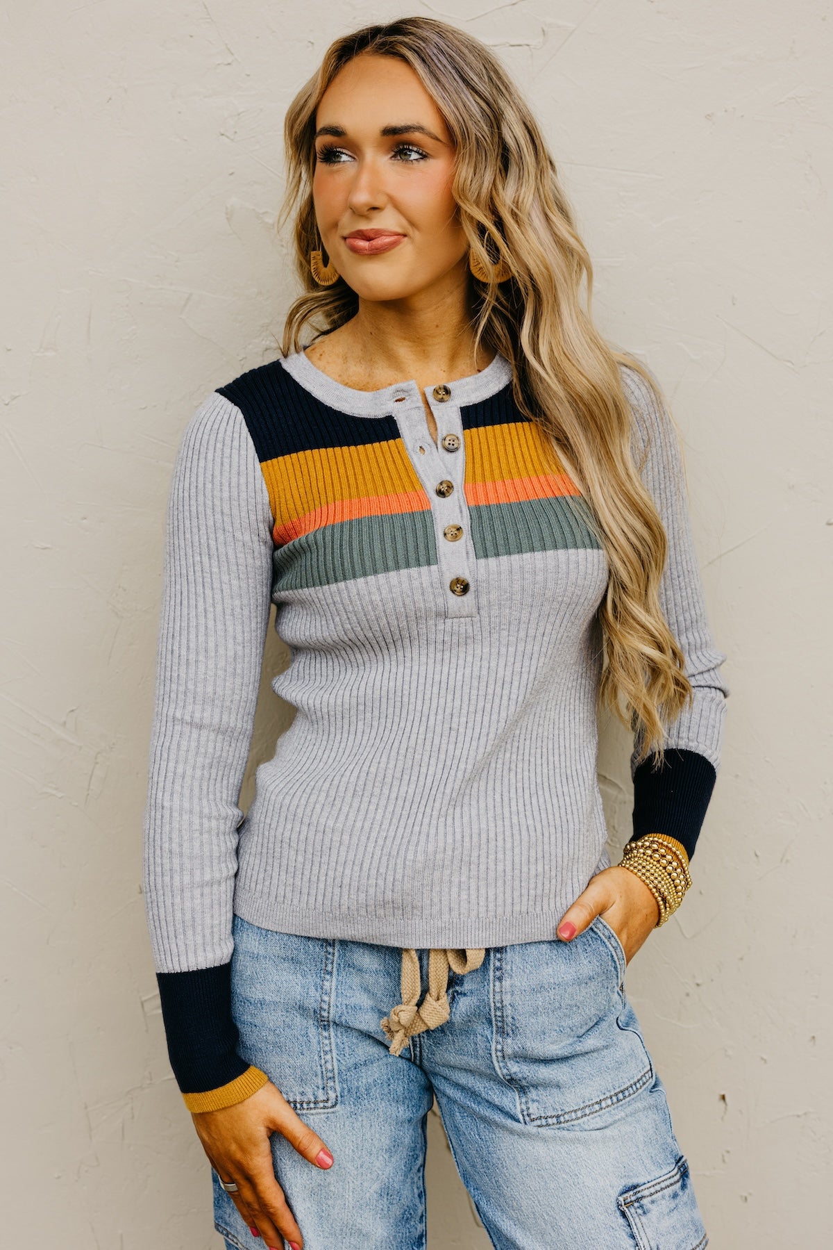 The Ramona Rib Striped Henley Sweater