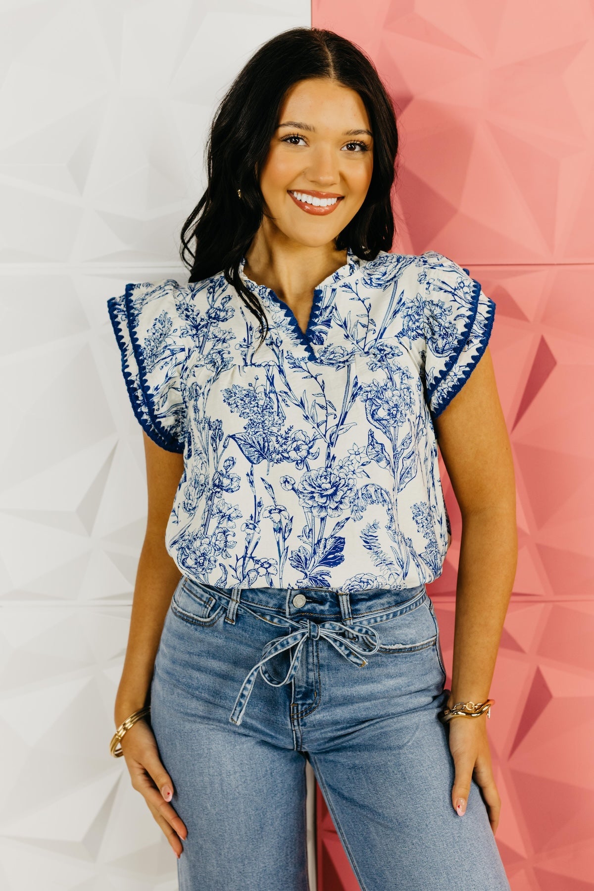 The Jose Ruffle Embroidered Sleeve Floral Top