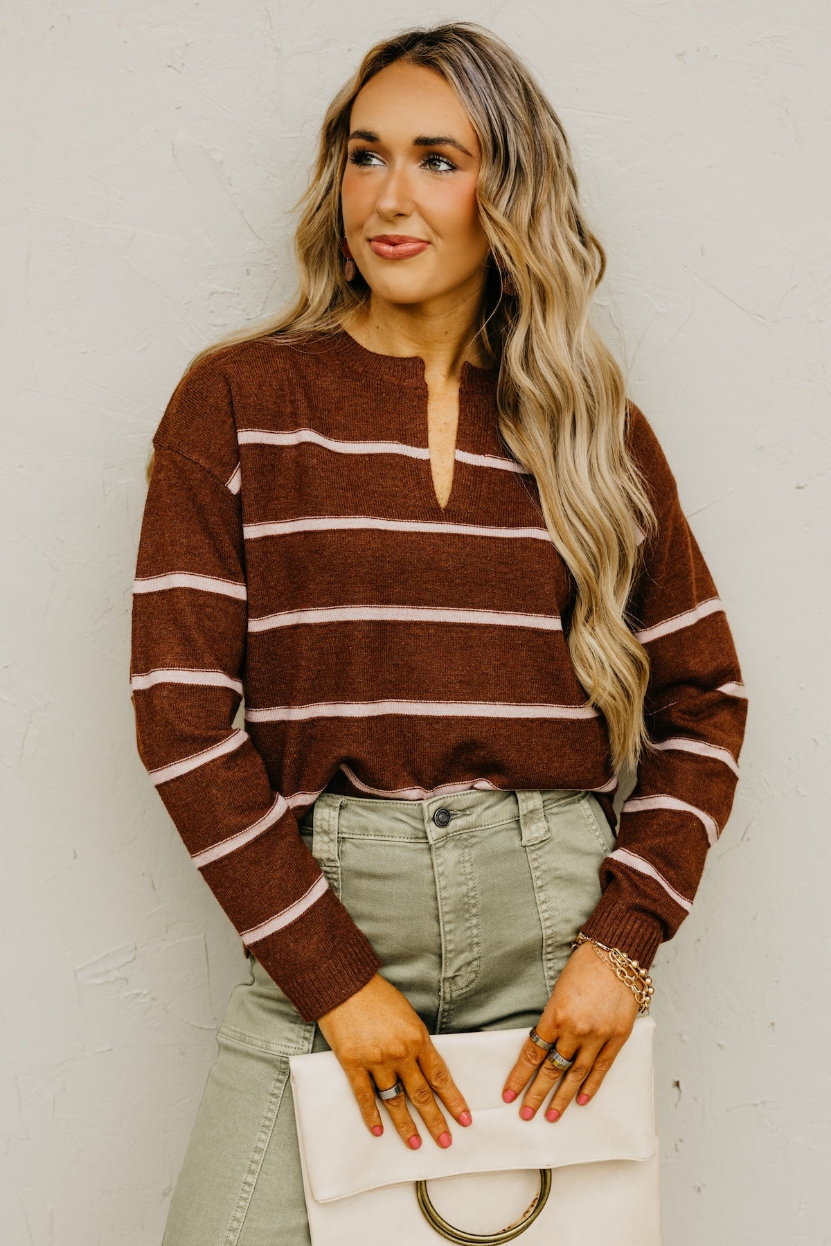 The Rita Striped Notched V Neckline Sweater