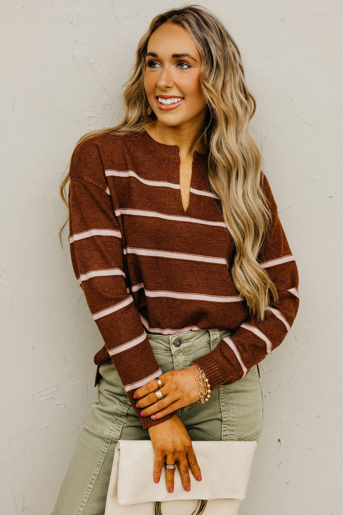 The Rita Striped Notched V Neckline Sweater