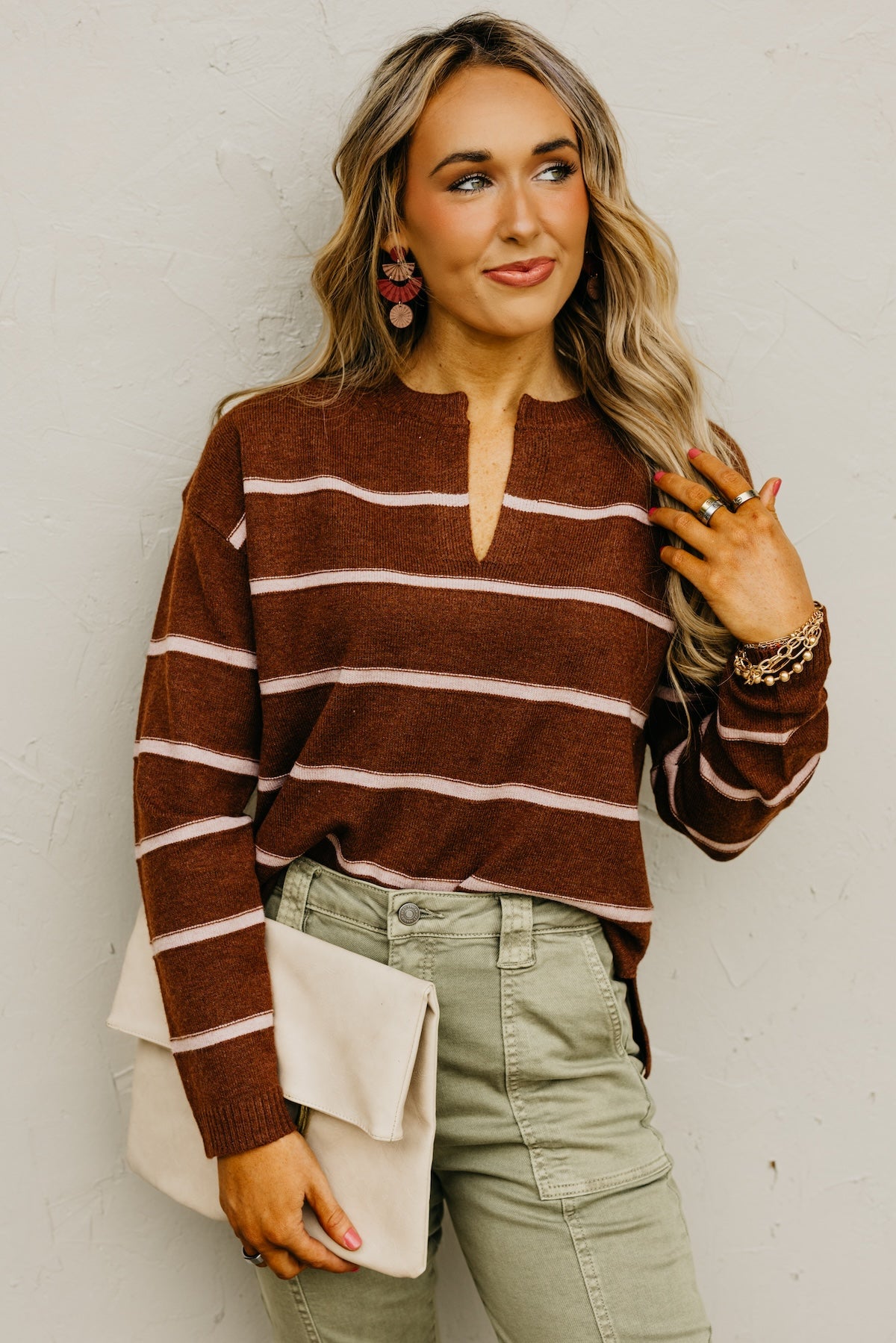 The Rita Striped Notched V Neckline Sweater
