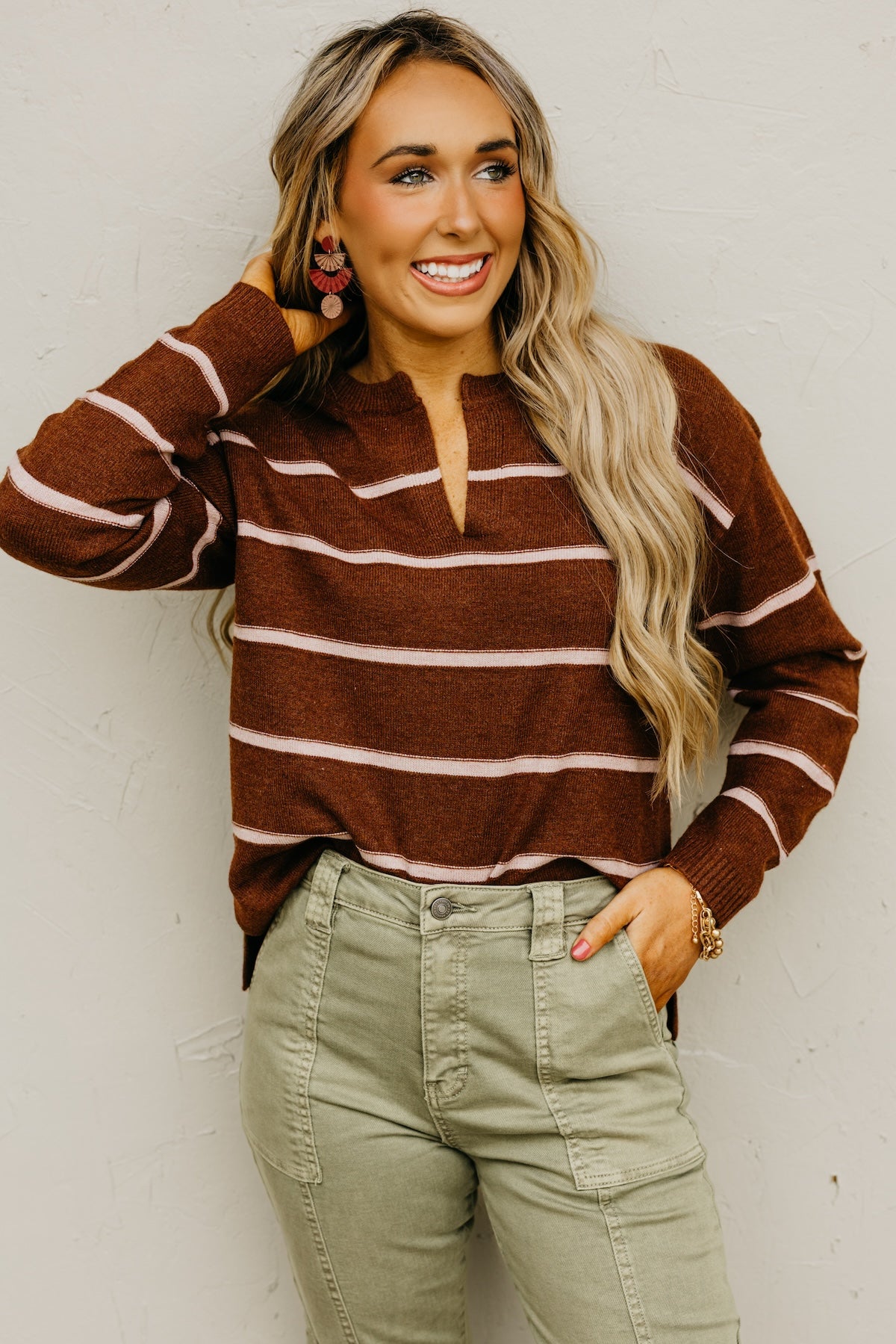 The Rita Striped Notched V Neckline Sweater