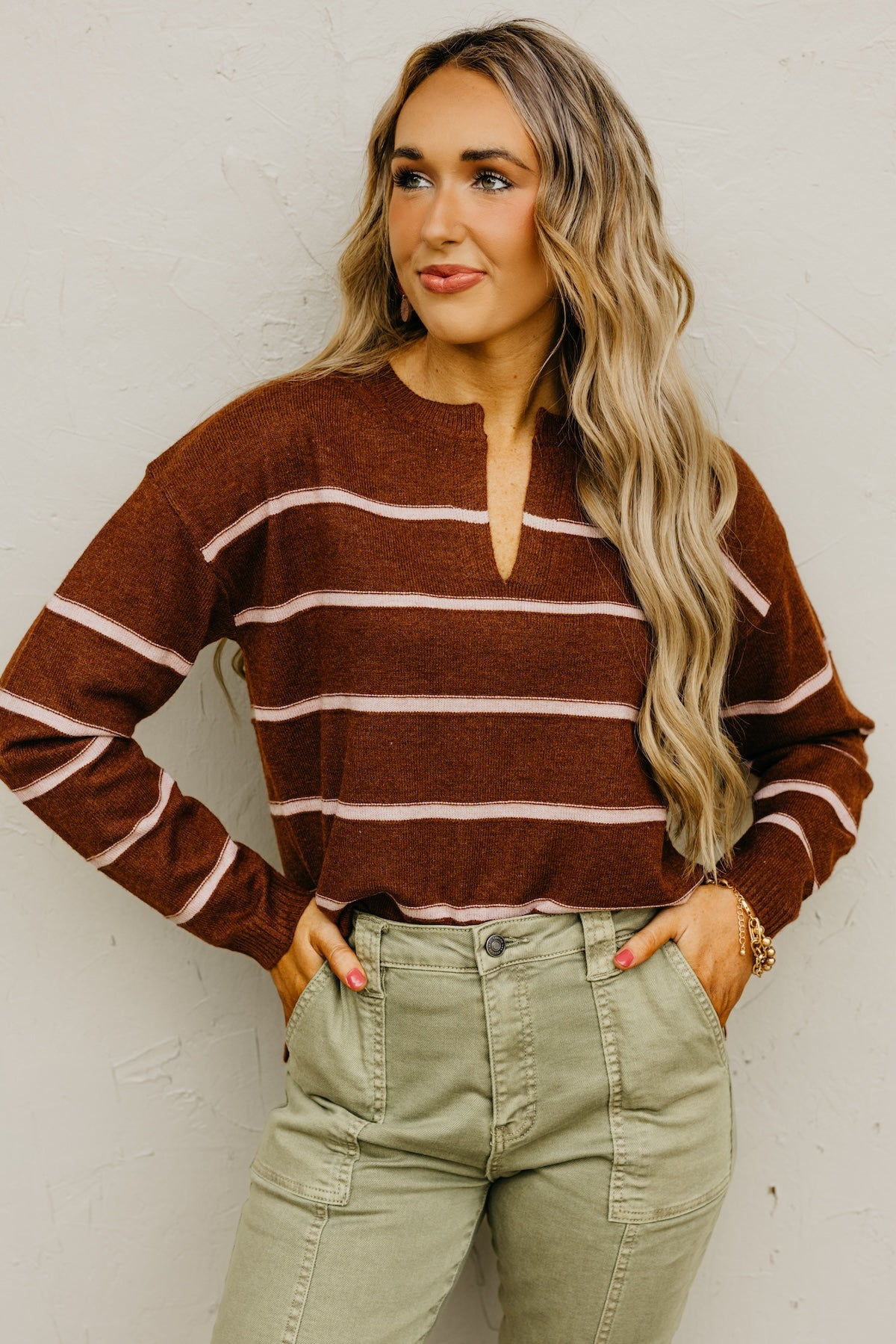 The Rita Striped Notched V Neckline Sweater