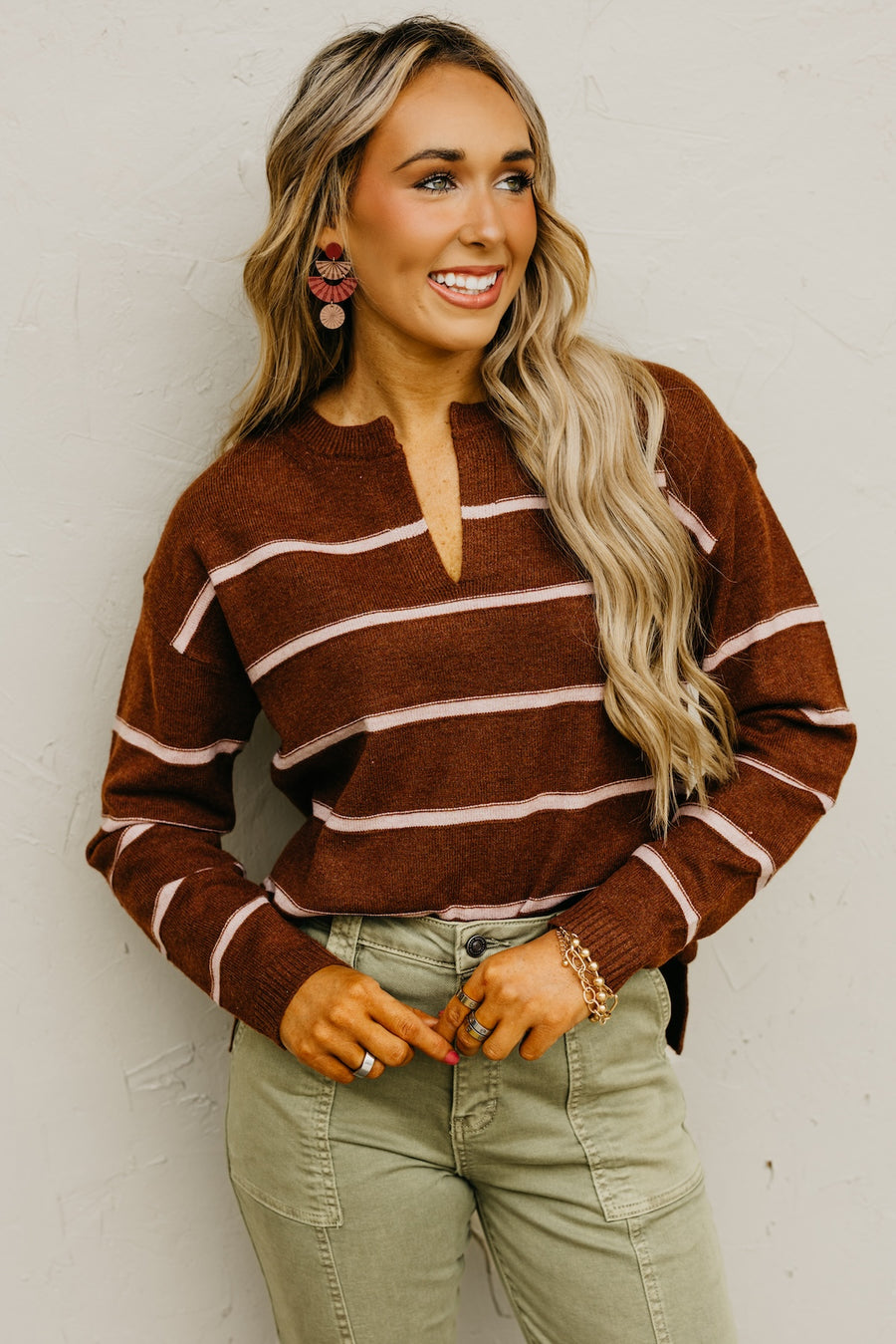 The Rita Striped Notched V Neckline Sweater