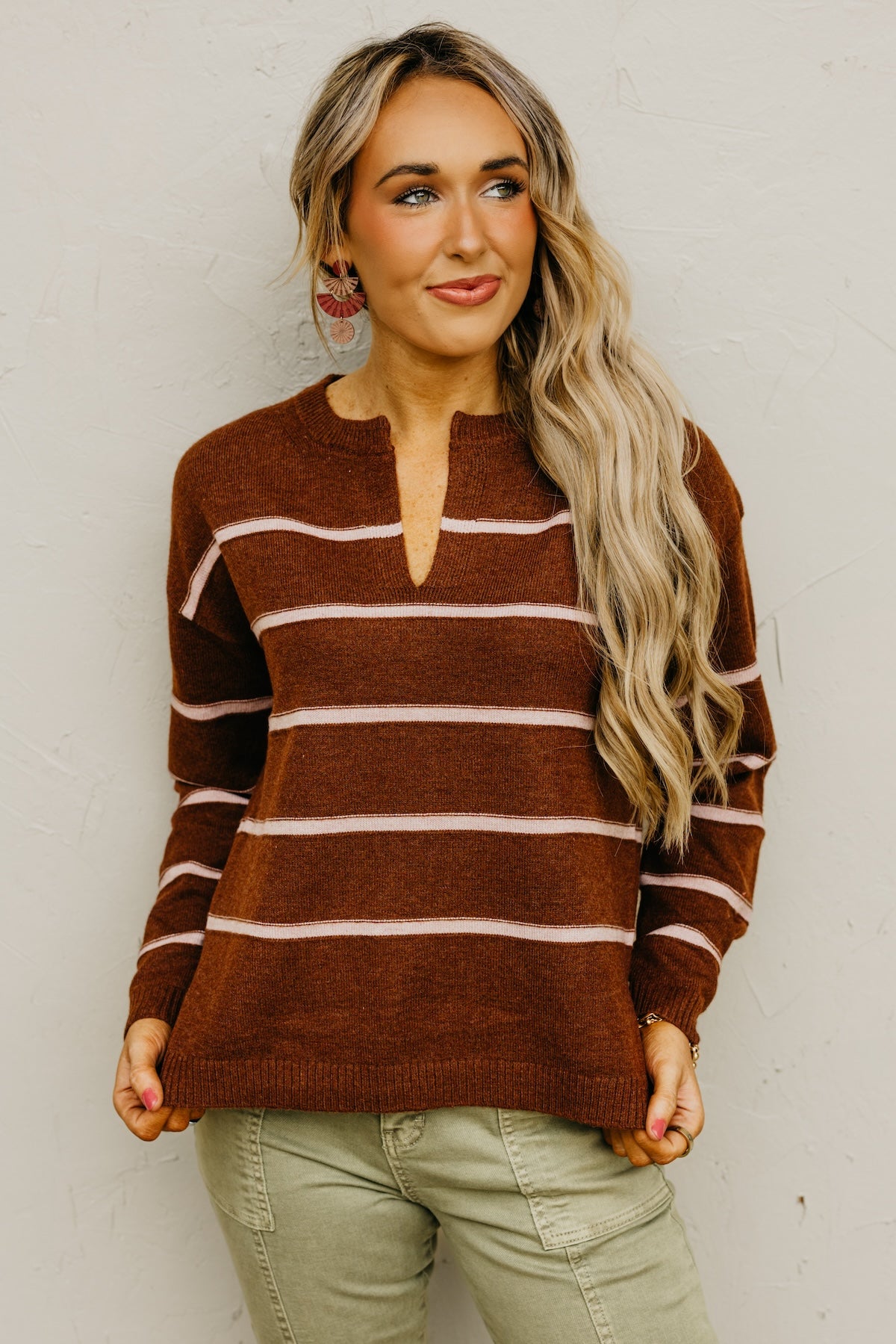 The Rita Striped Notched V Neckline Sweater