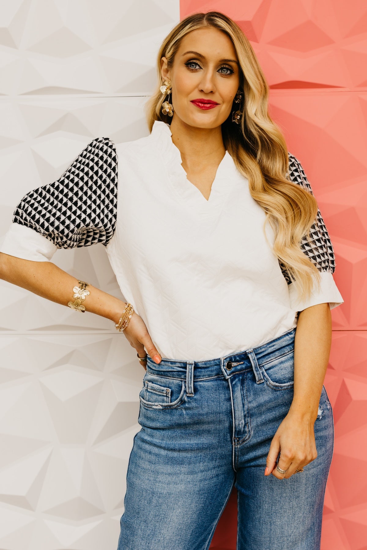 The Cynthia Quilted Geo Print Sleeve Top
