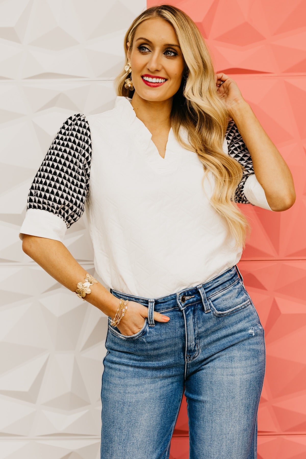 The Cynthia Quilted Geo Print Sleeve Top