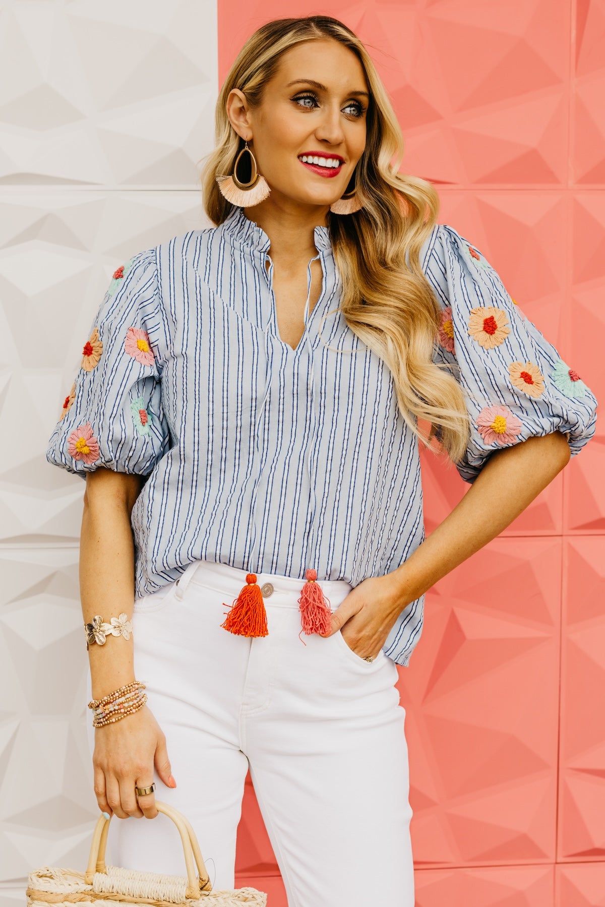 The Sonya Hand Embroidered Puff Sleeve Stripe Top