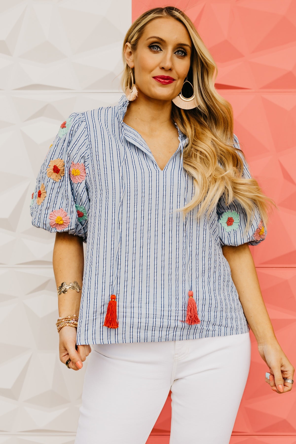 The Sonya Hand Embroidered Puff Sleeve Stripe Top