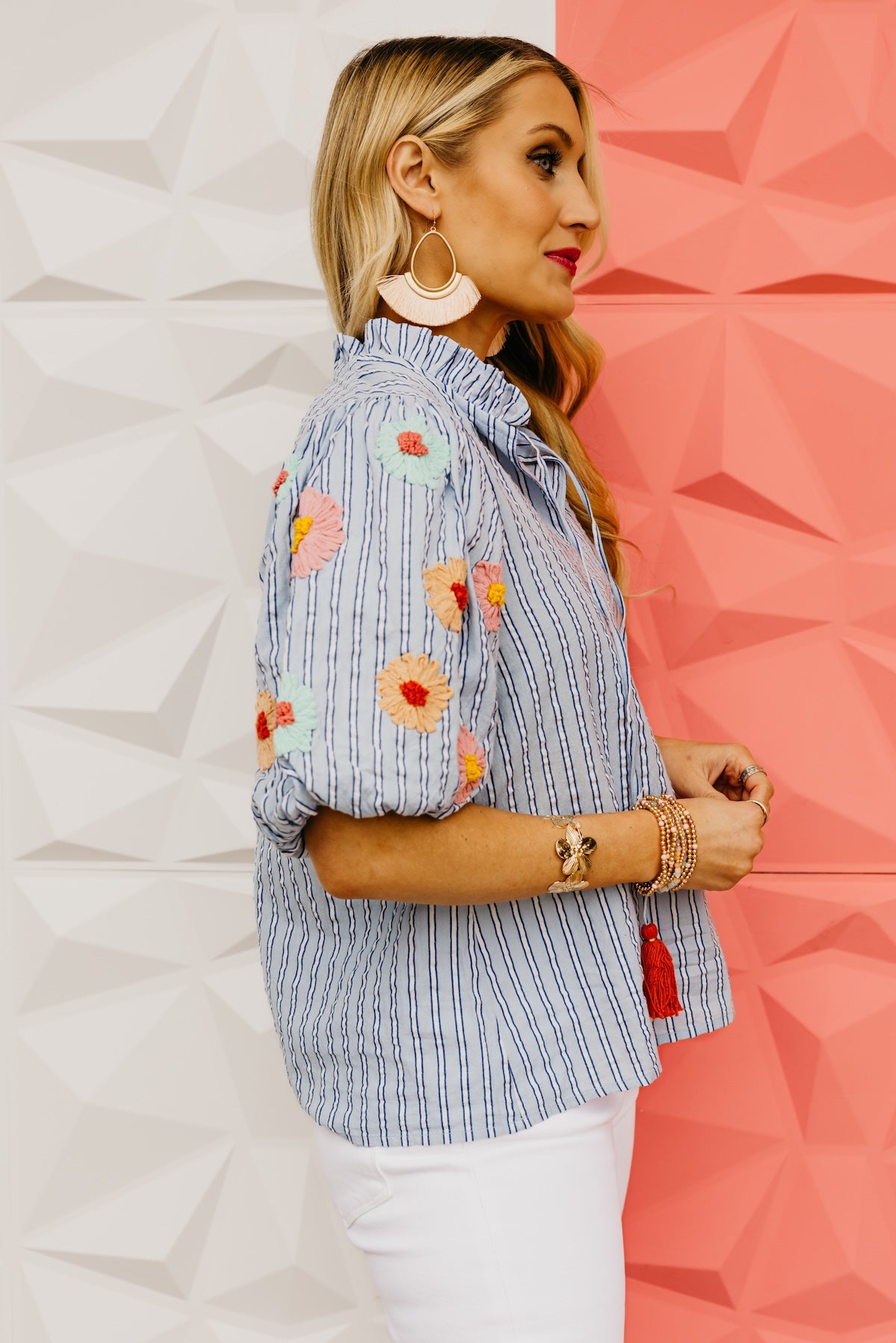 The Sonya Hand Embroidered Puff Sleeve Stripe Top
