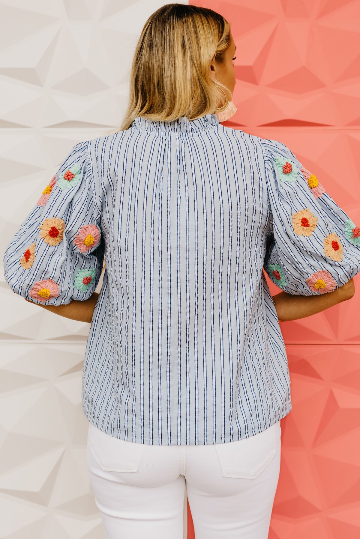 The Sonya Hand Embroidered Puff Sleeve Stripe Top