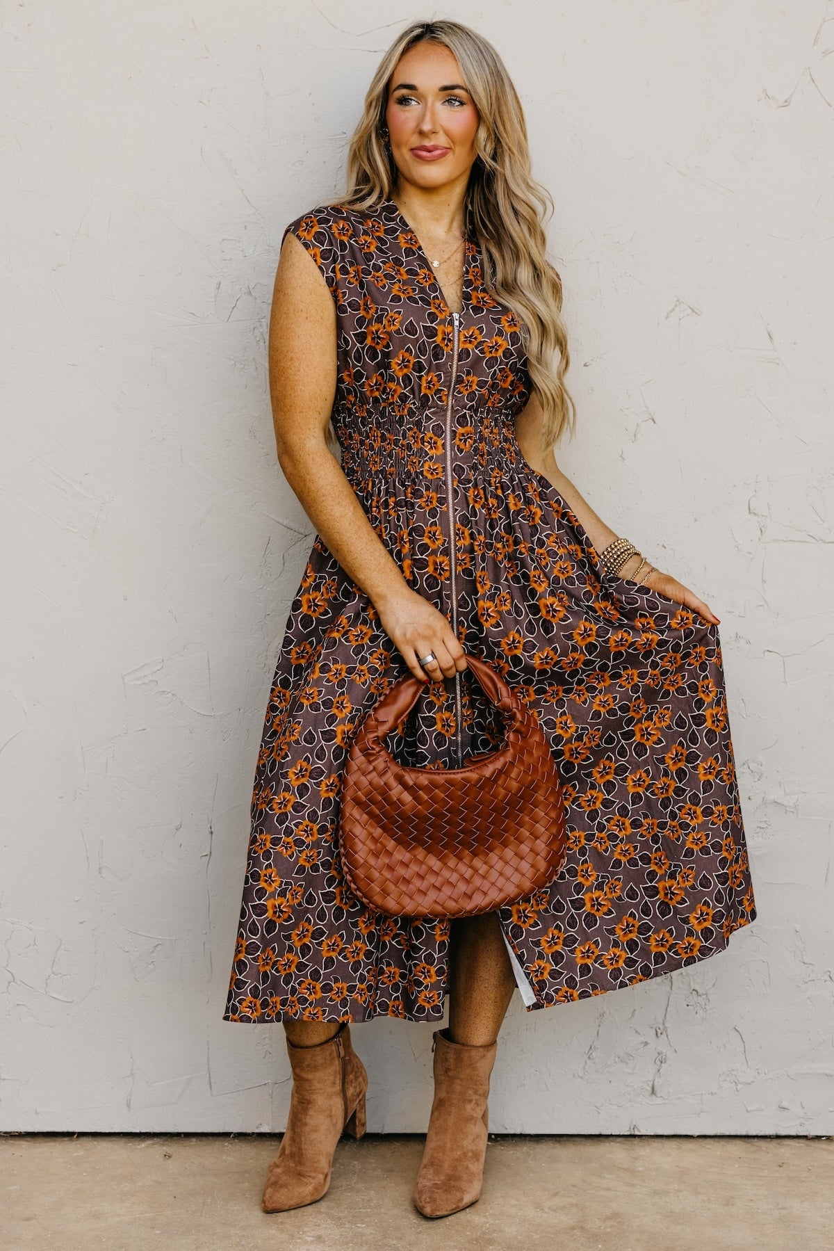 The Elora Floral Zip-Front Midi Dress