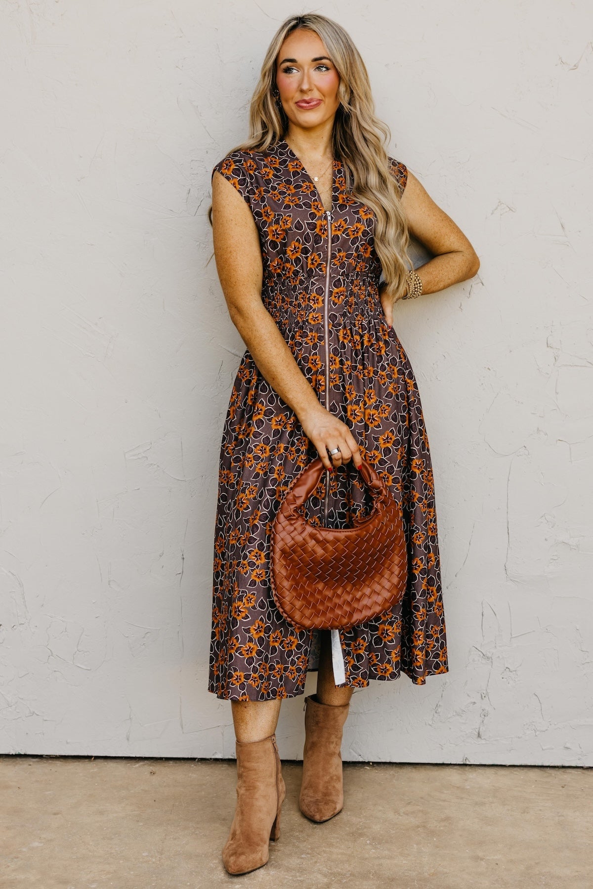 The Elora Floral Zip-Front Midi Dress
