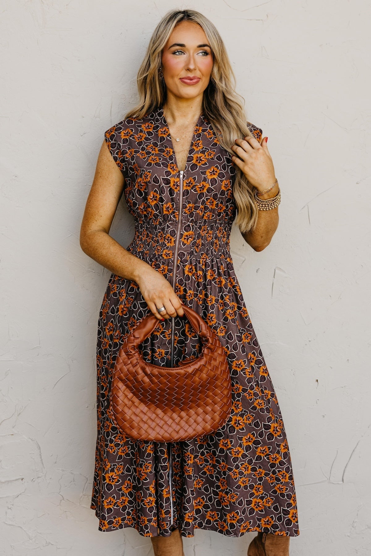 The Elora Floral Zip-Front Midi Dress