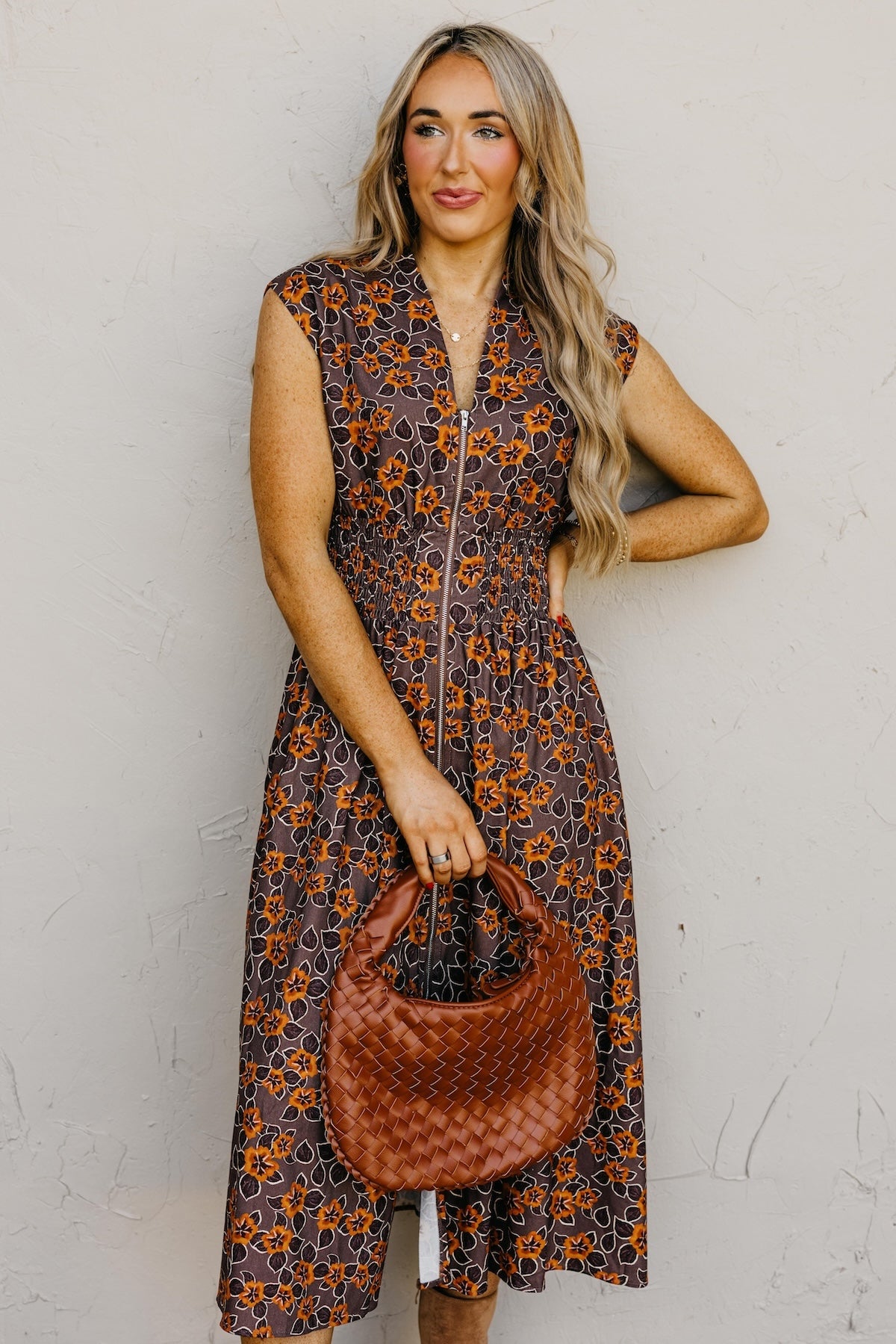 The Elora Floral Zip-Front Midi Dress