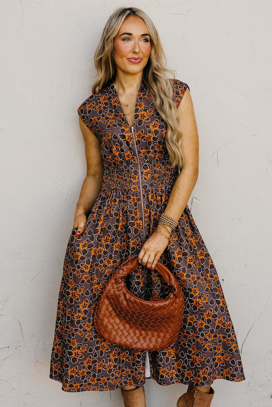 The Elora Floral Zip-Front Midi Dress