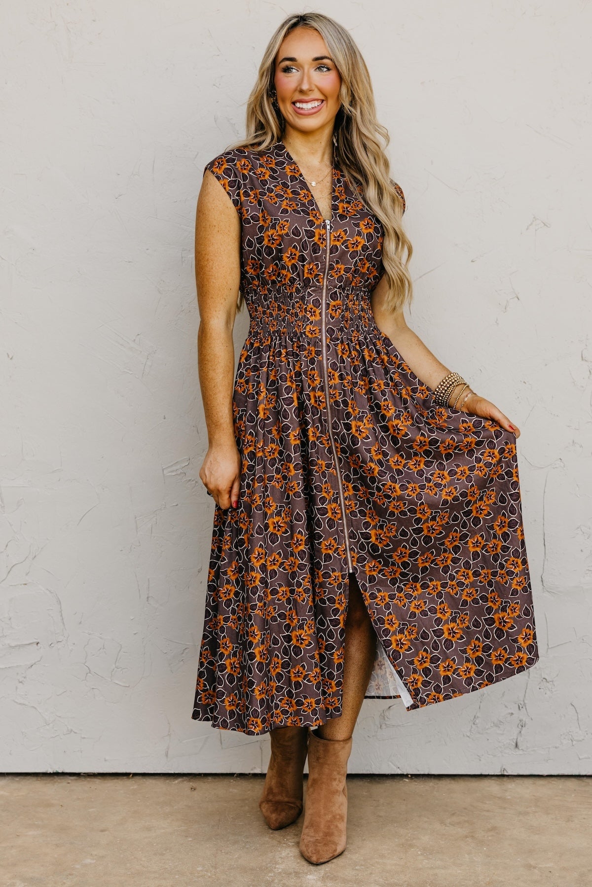 The Elora Floral Zip-Front Midi Dress