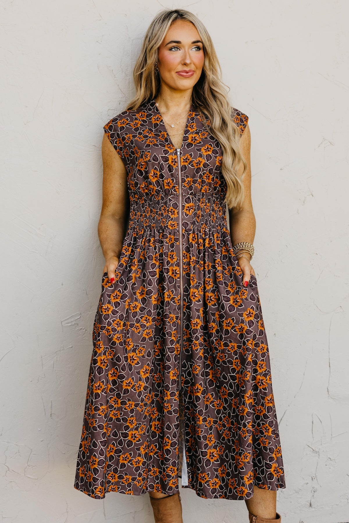 The Elora Floral Zip-Front Midi Dress