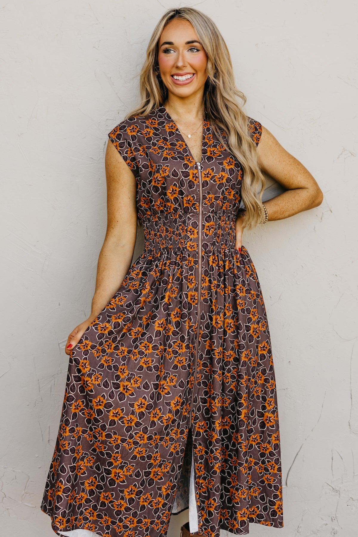 The Elora Floral Zip-Front Midi Dress