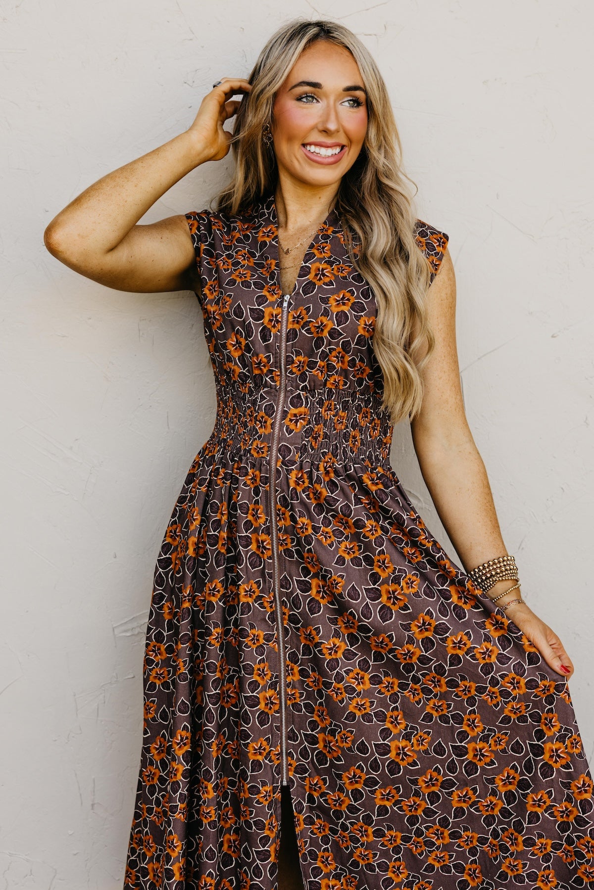 The Elora Floral Zip-Front Midi Dress