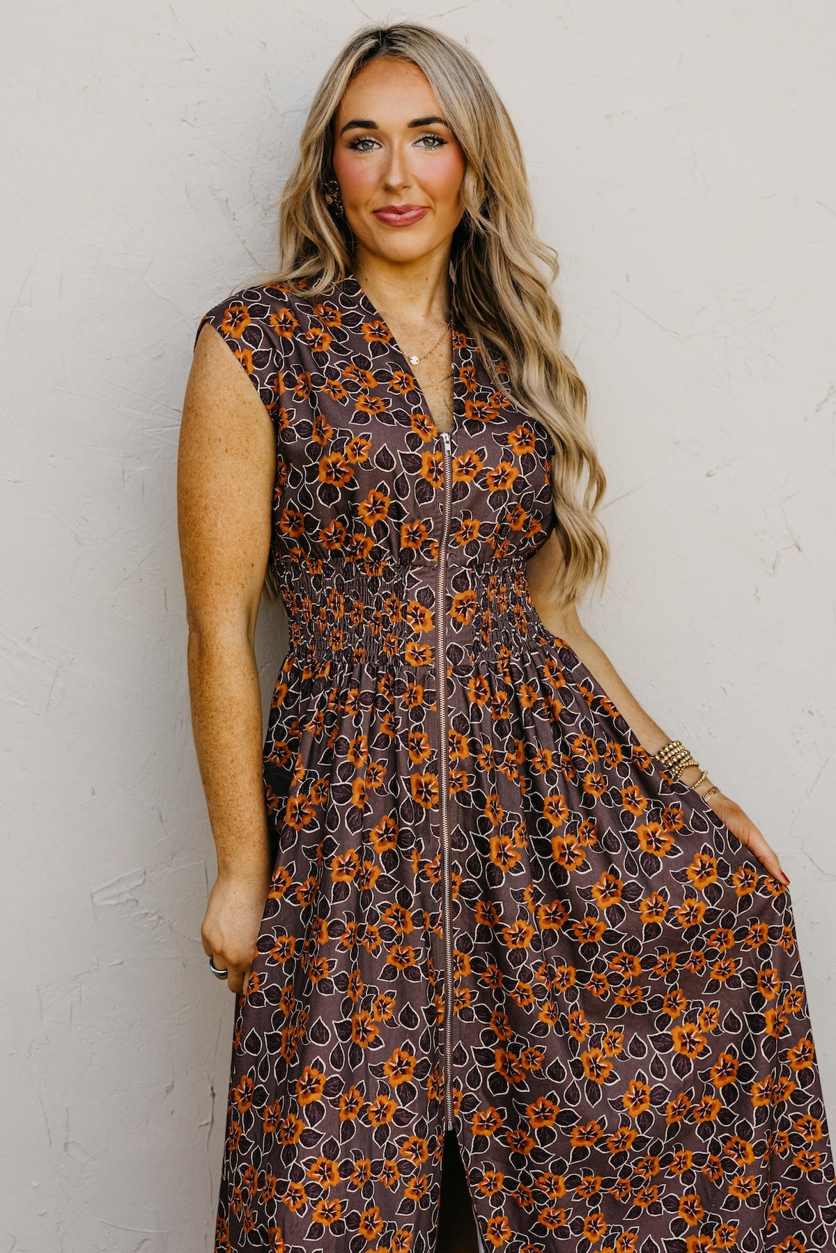 The Elora Floral Zip-Front Midi Dress