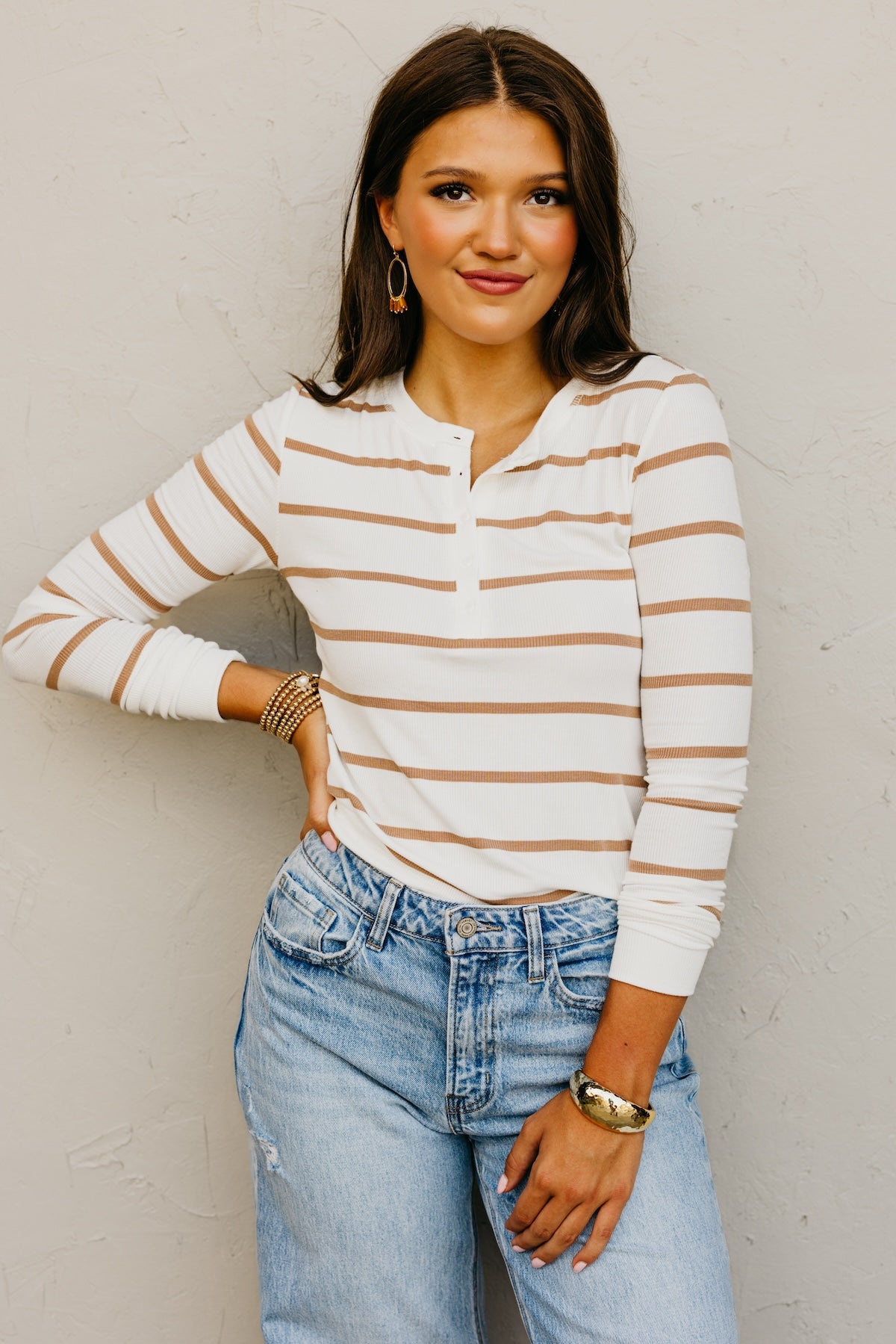 The Lacey Striped Rib Knit Henley Top