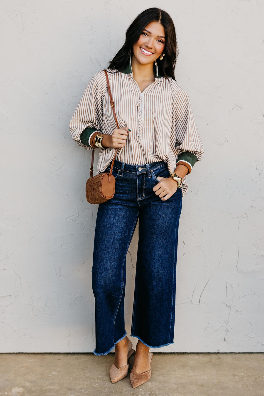 The Kelley Contrast Quarter Zip Woven Top