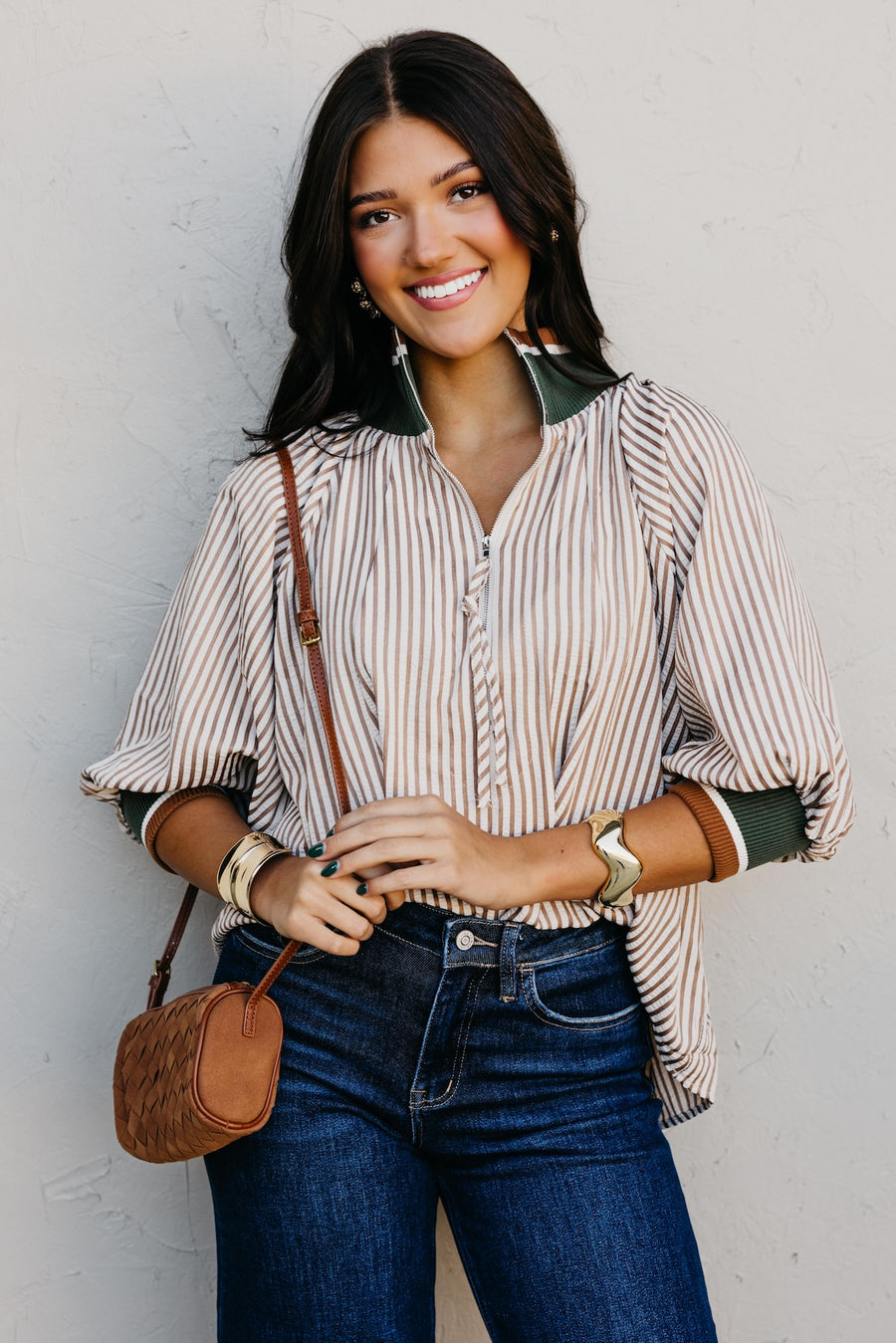 The Kelley Contrast Quarter Zip Woven Top