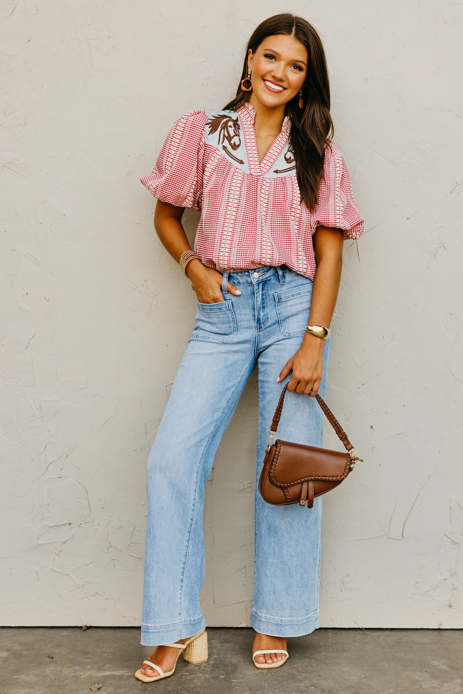 The Lewis Puff Sleeve Embroidered Gingham Top