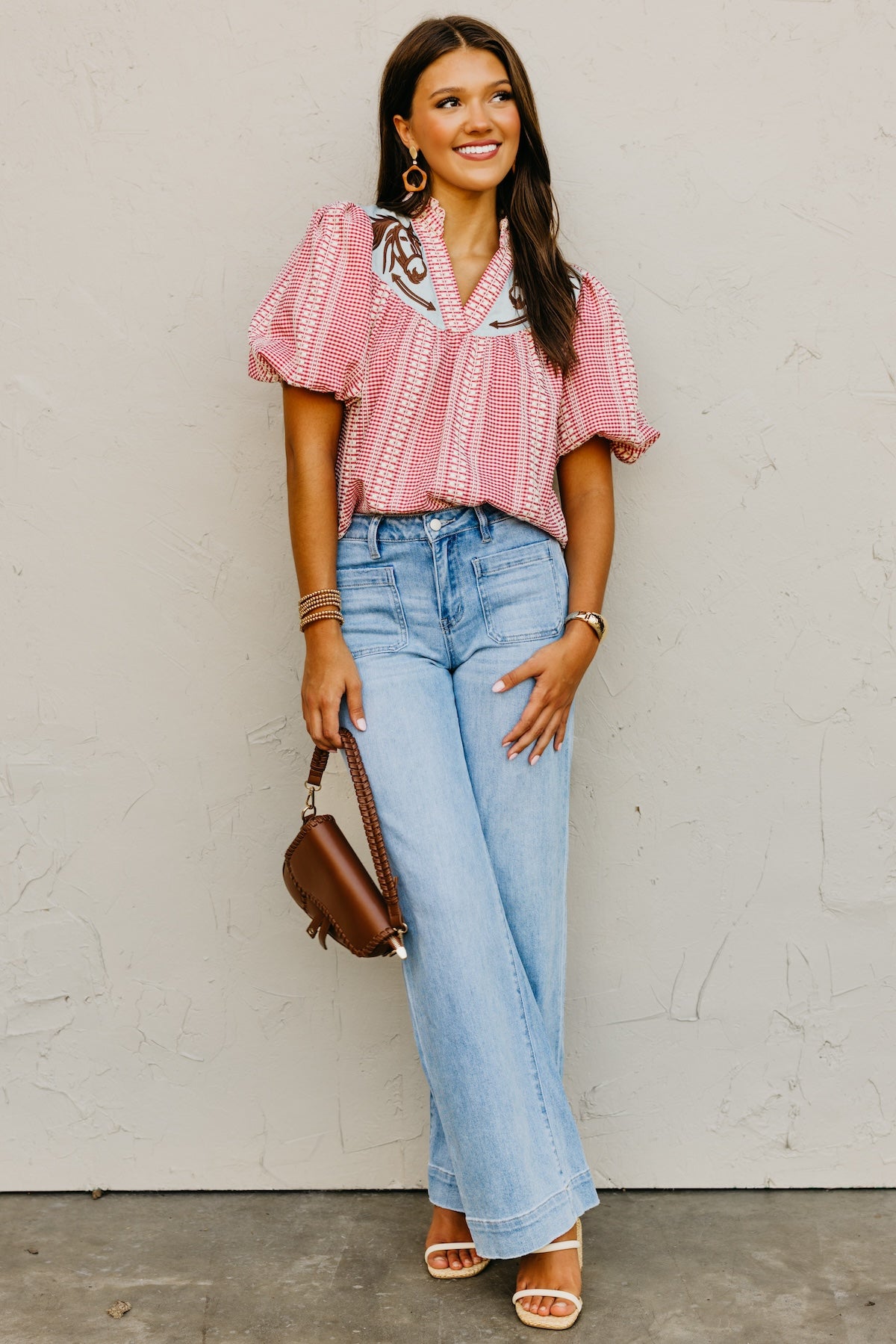 The Lewis Puff Sleeve Embroidered Gingham Top