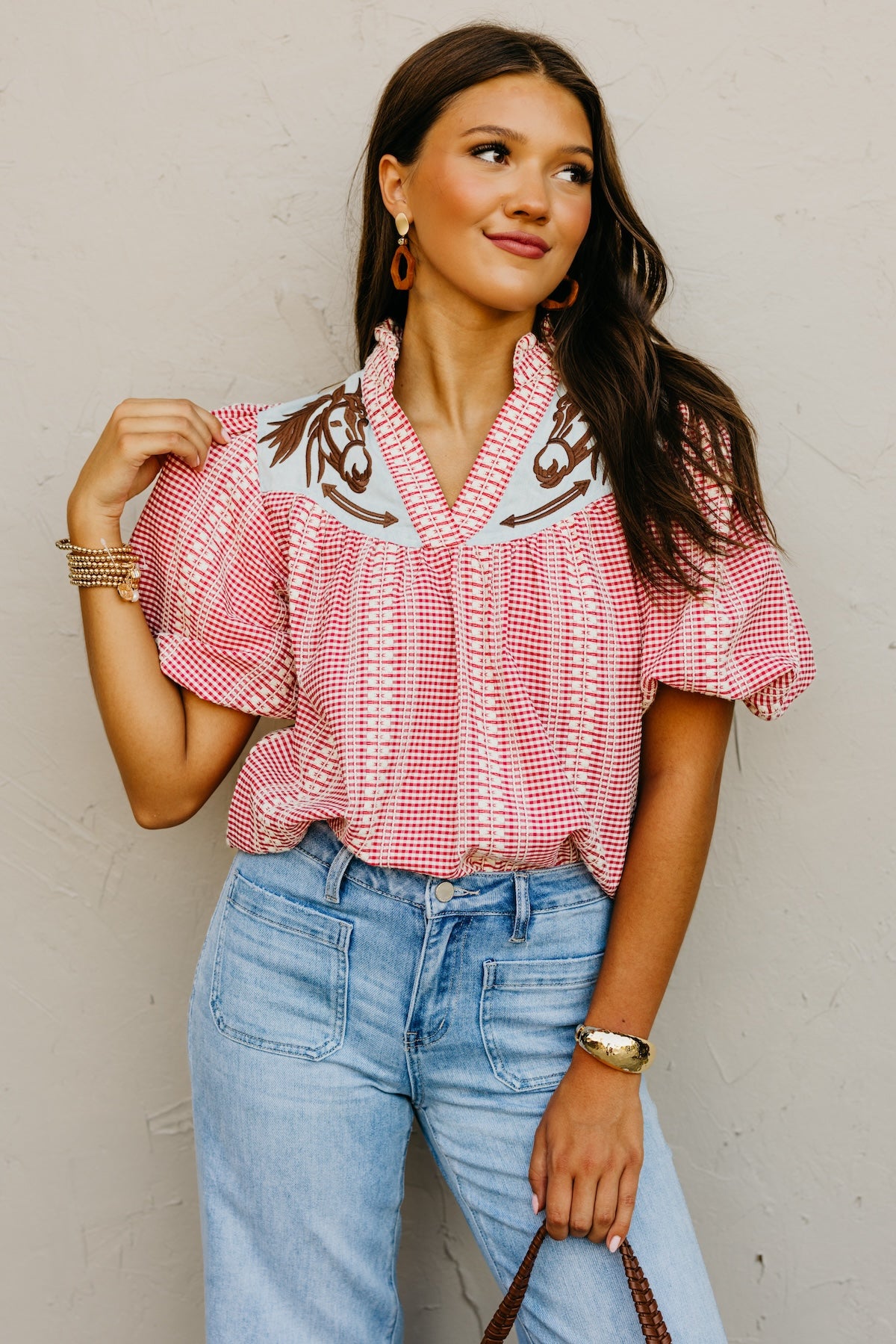 The Lewis Puff Sleeve Embroidered Gingham Top