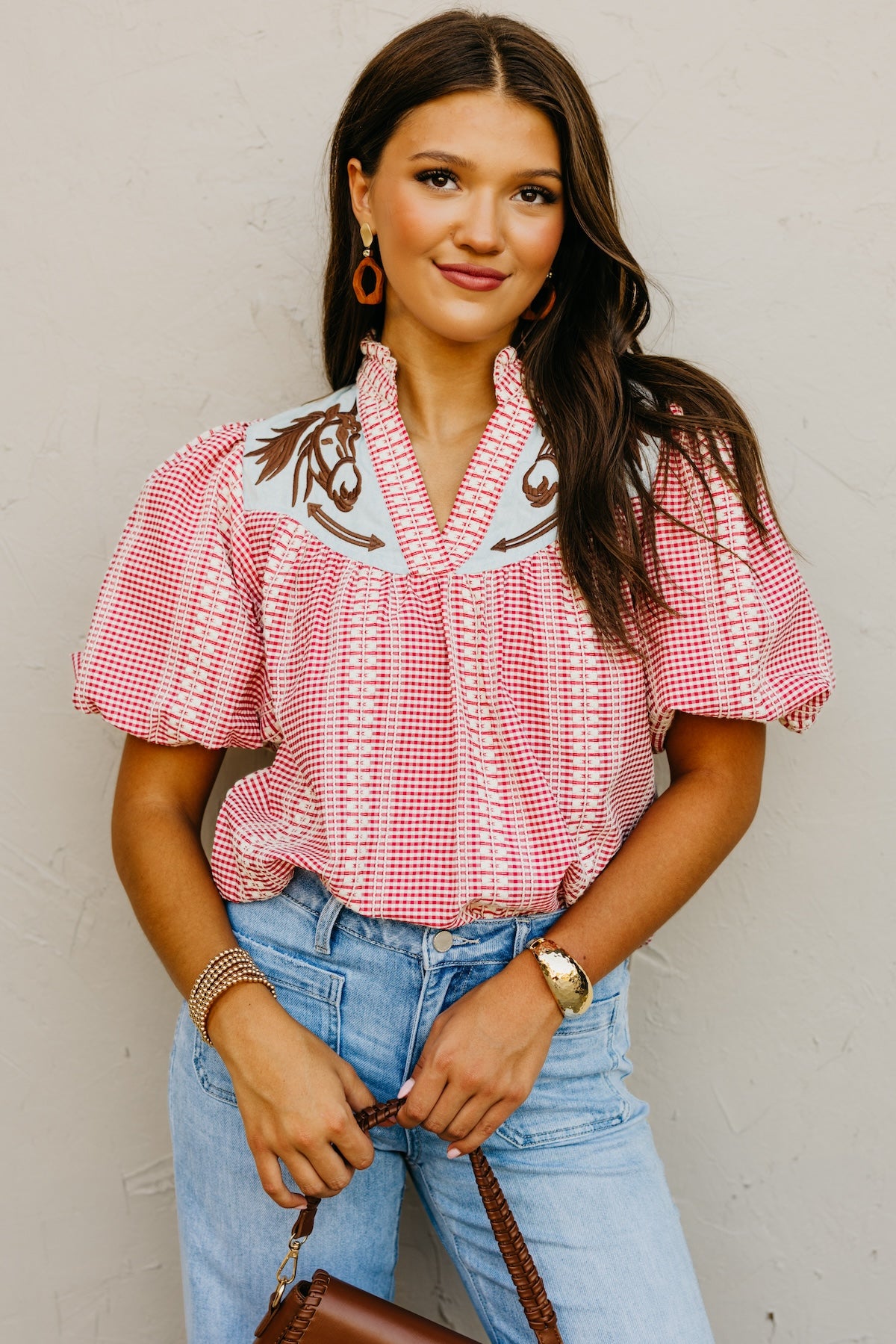 The Lewis Puff Sleeve Embroidered Gingham Top