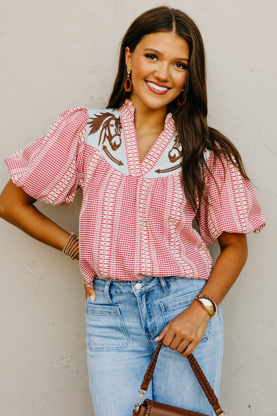 The Lewis Puff Sleeve Embroidered Gingham Top