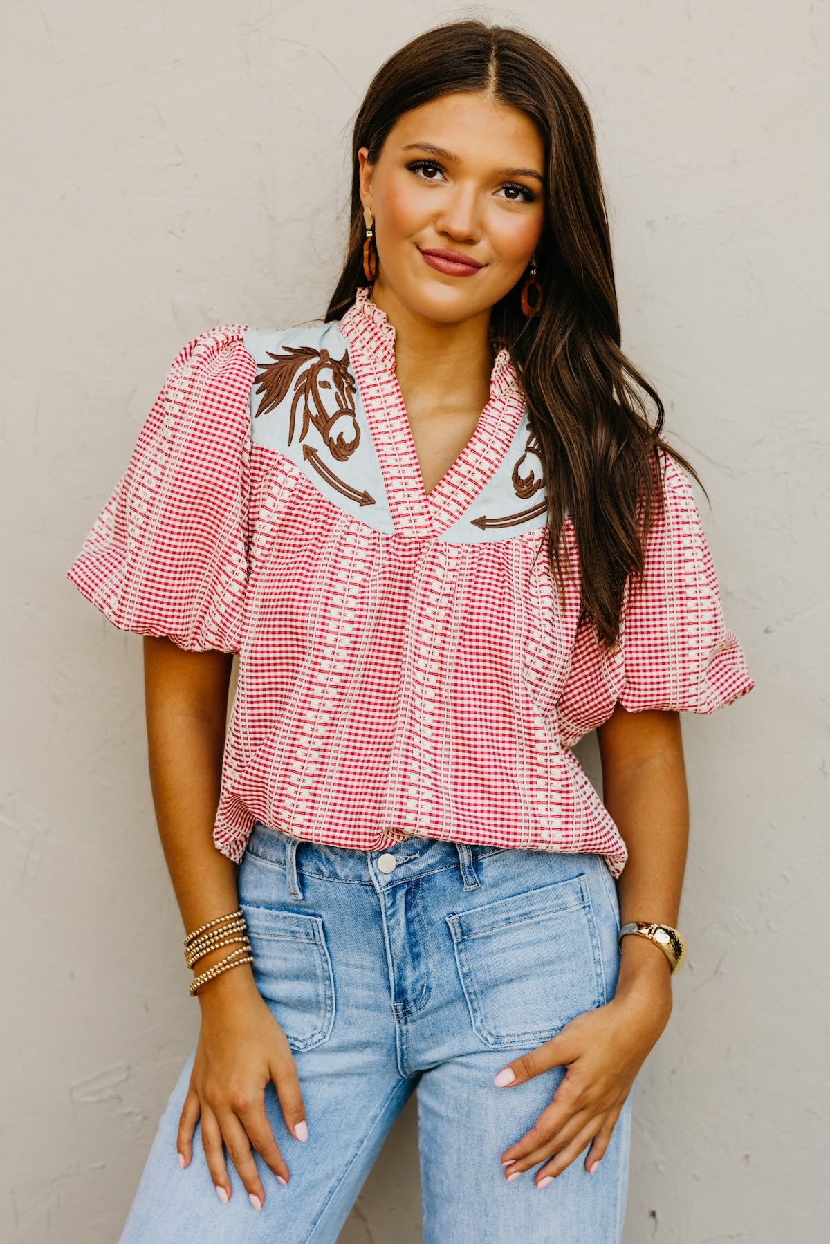 The Lewis Puff Sleeve Embroidered Gingham Top