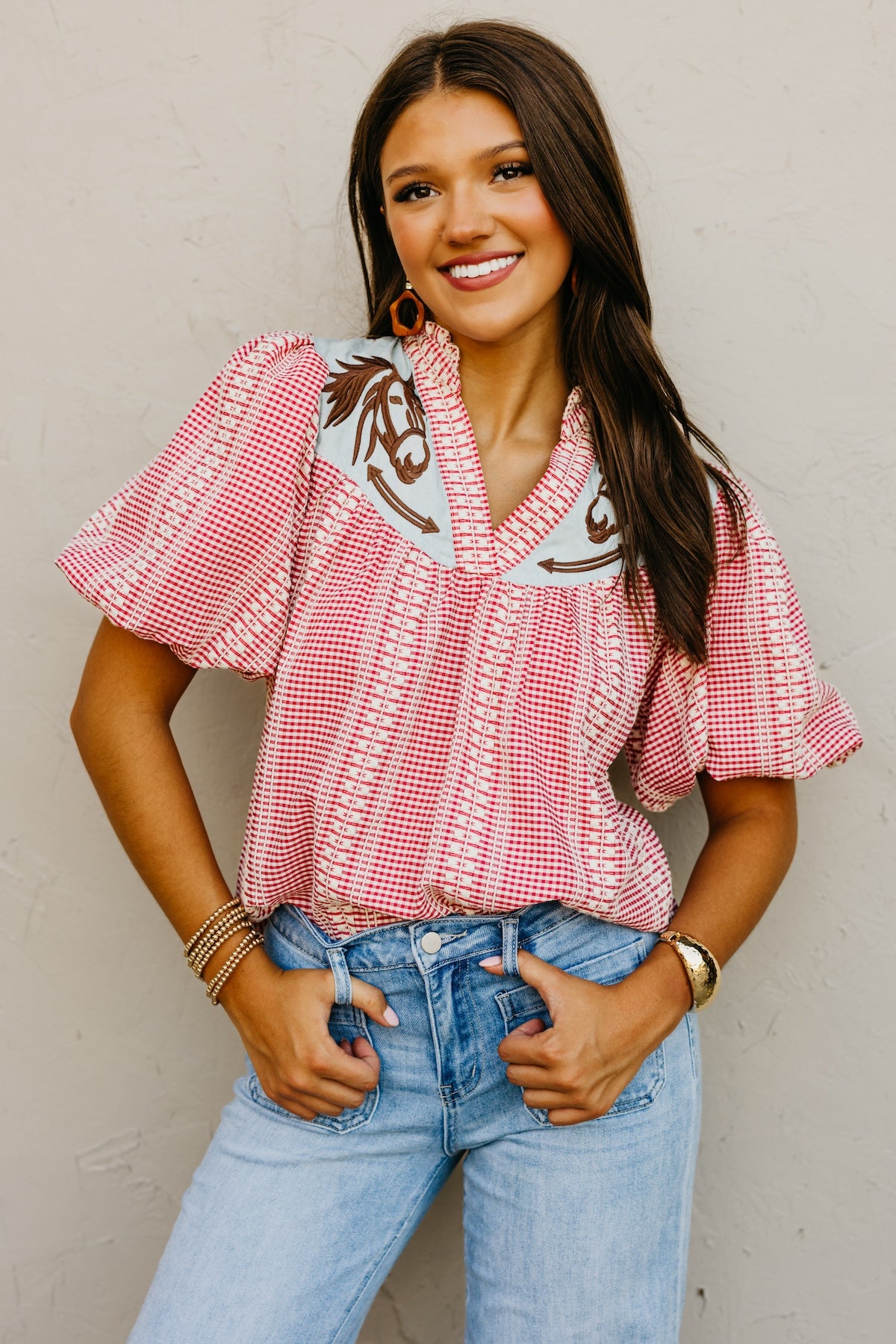 The Lewis Puff Sleeve Embroidered Gingham Top