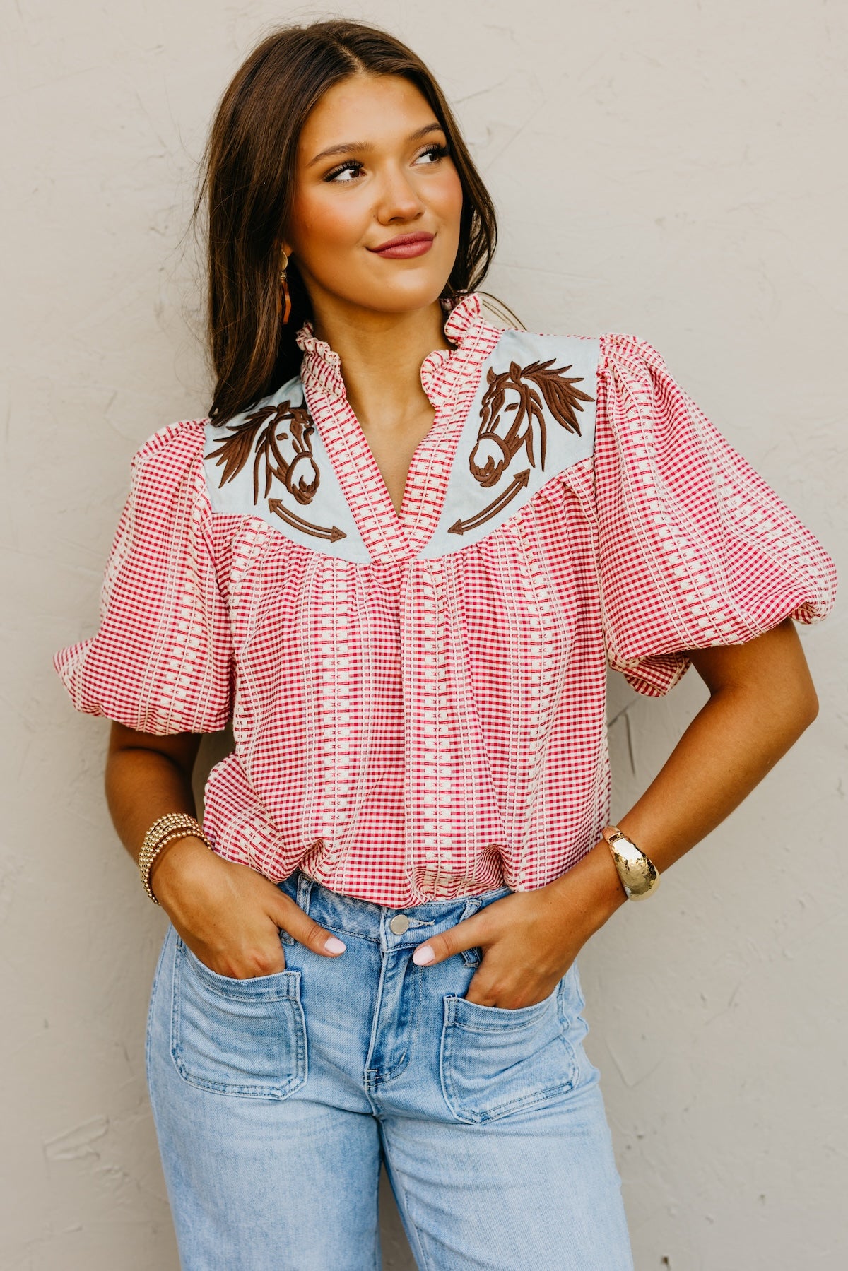 The Lewis Puff Sleeve Embroidered Gingham Top