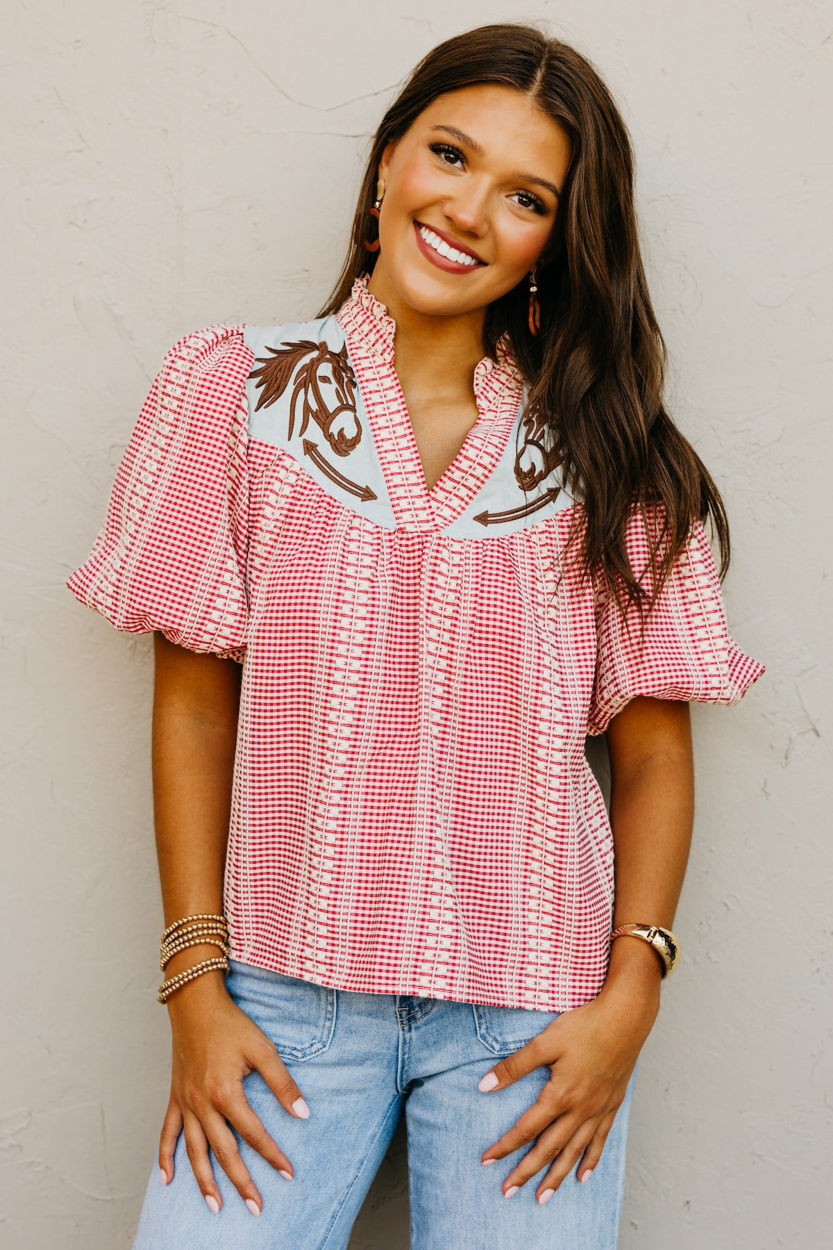 The Lewis Puff Sleeve Embroidered Gingham Top