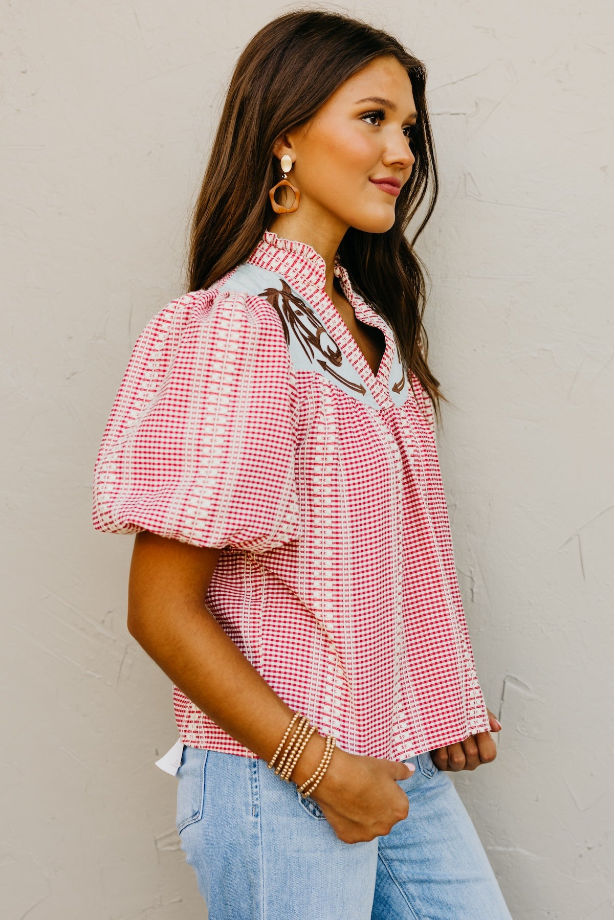 The Lewis Puff Sleeve Embroidered Gingham Top
