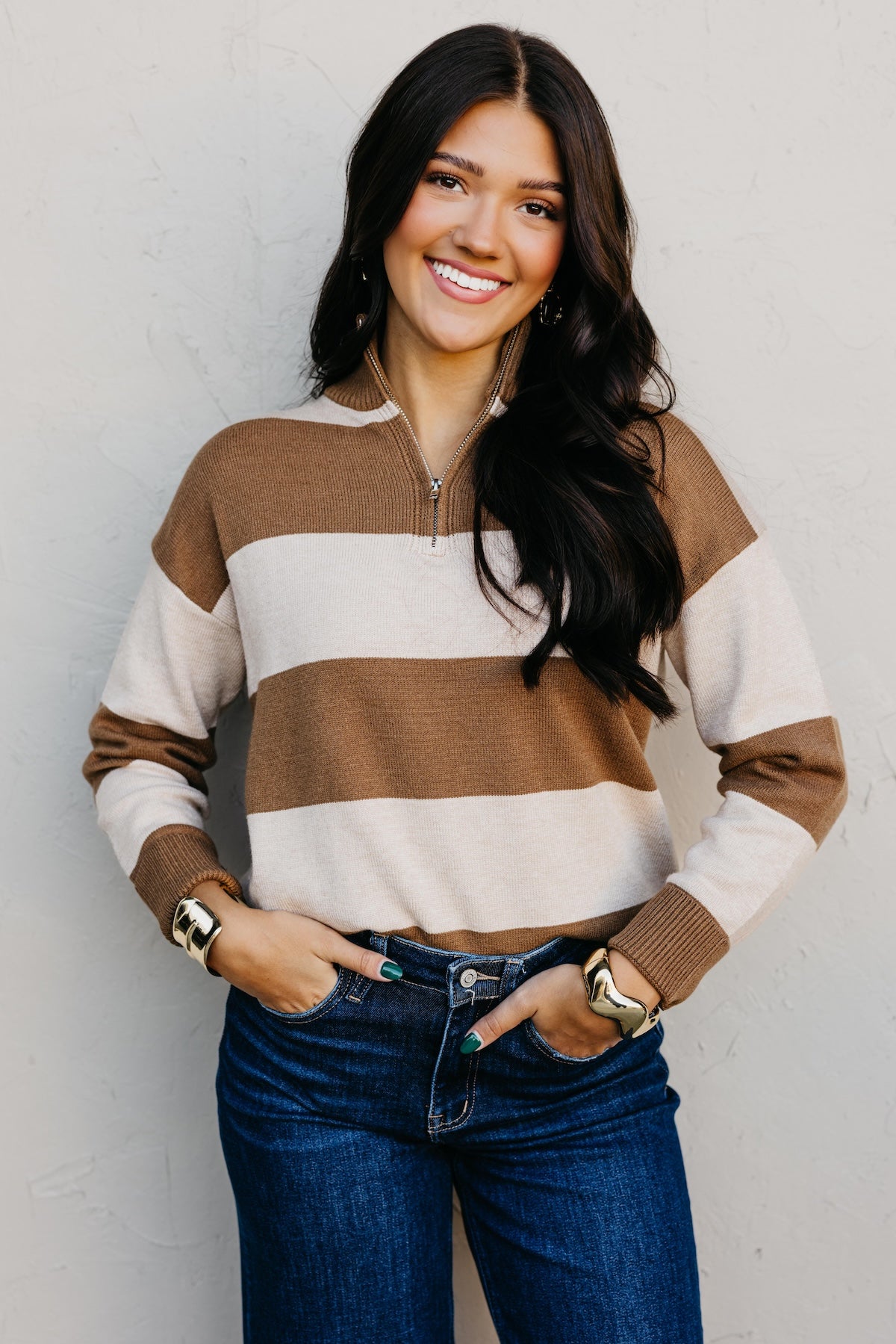 The Layla Quarter Zip Striped Sweater