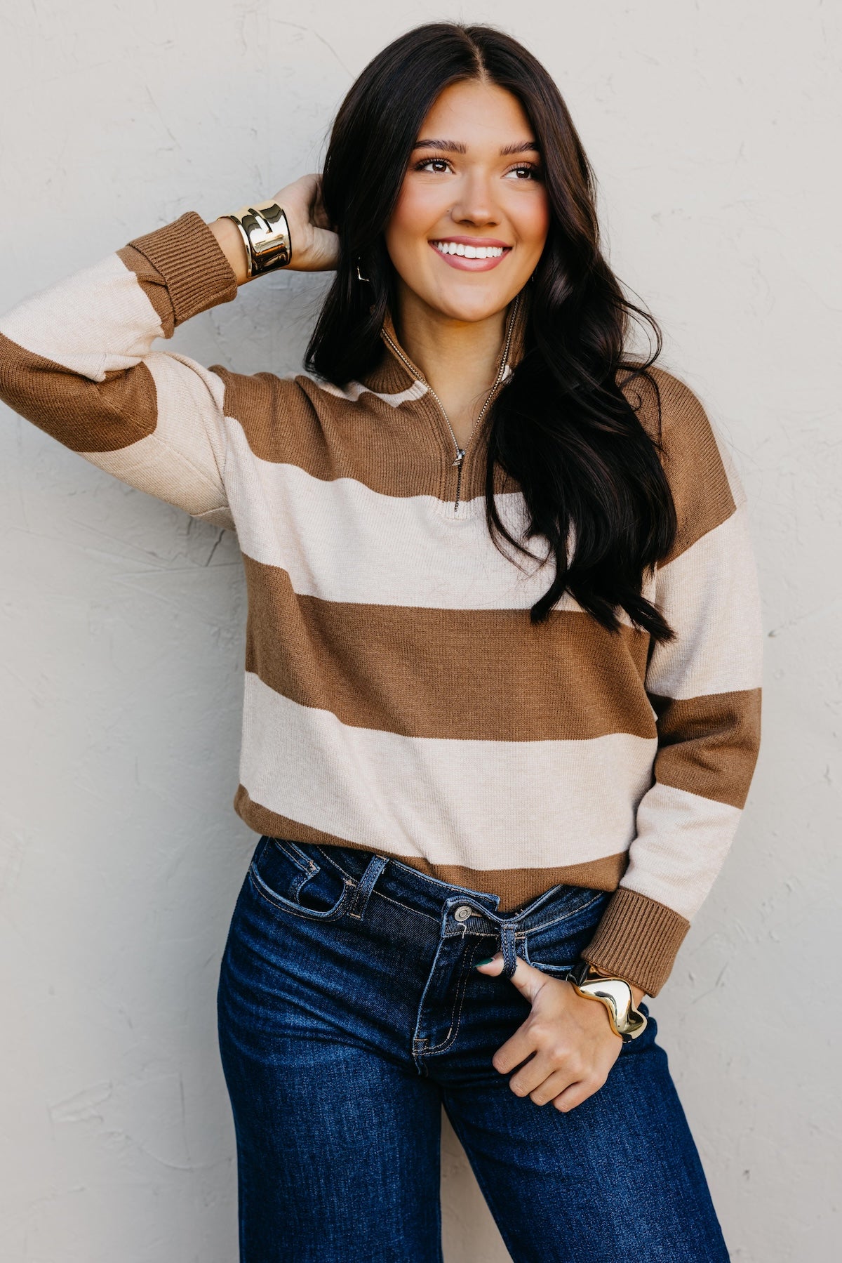 The Layla Quarter Zip Striped Sweater