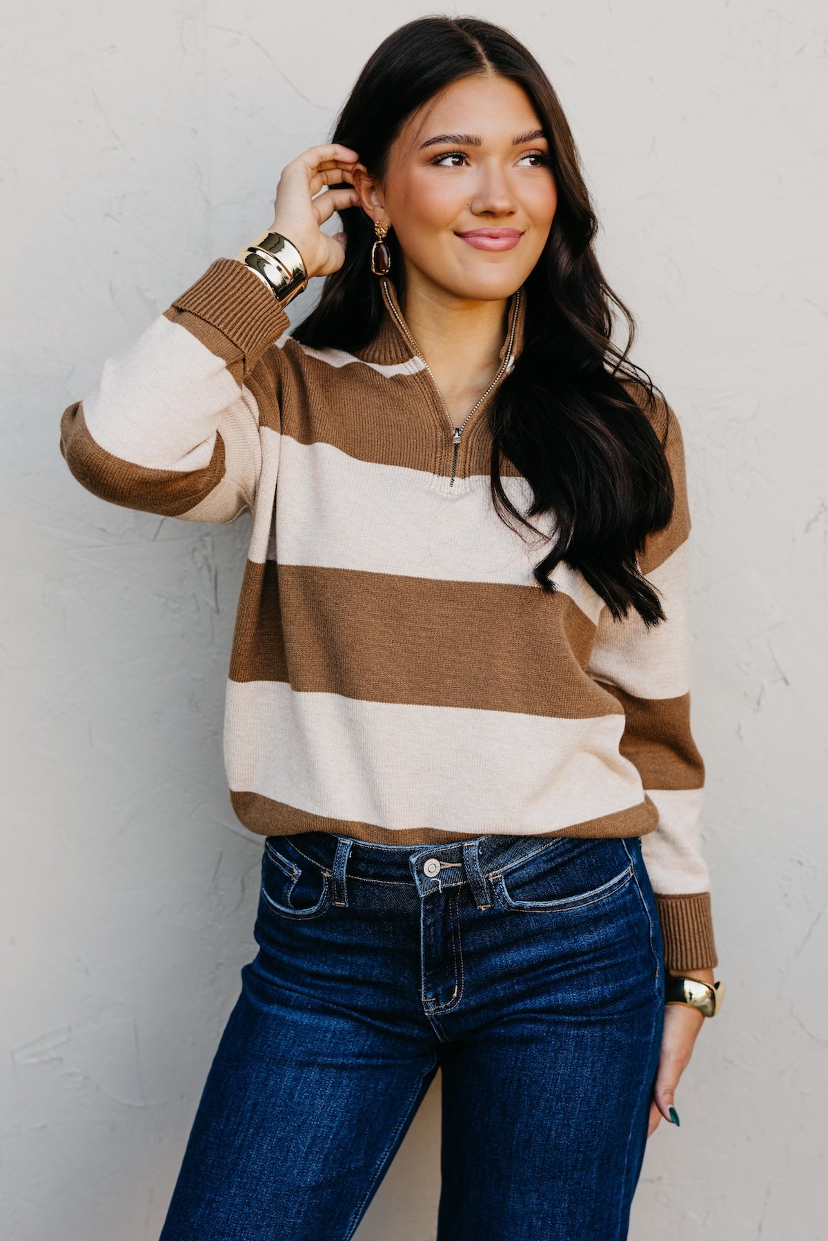 The Layla Quarter Zip Striped Sweater
