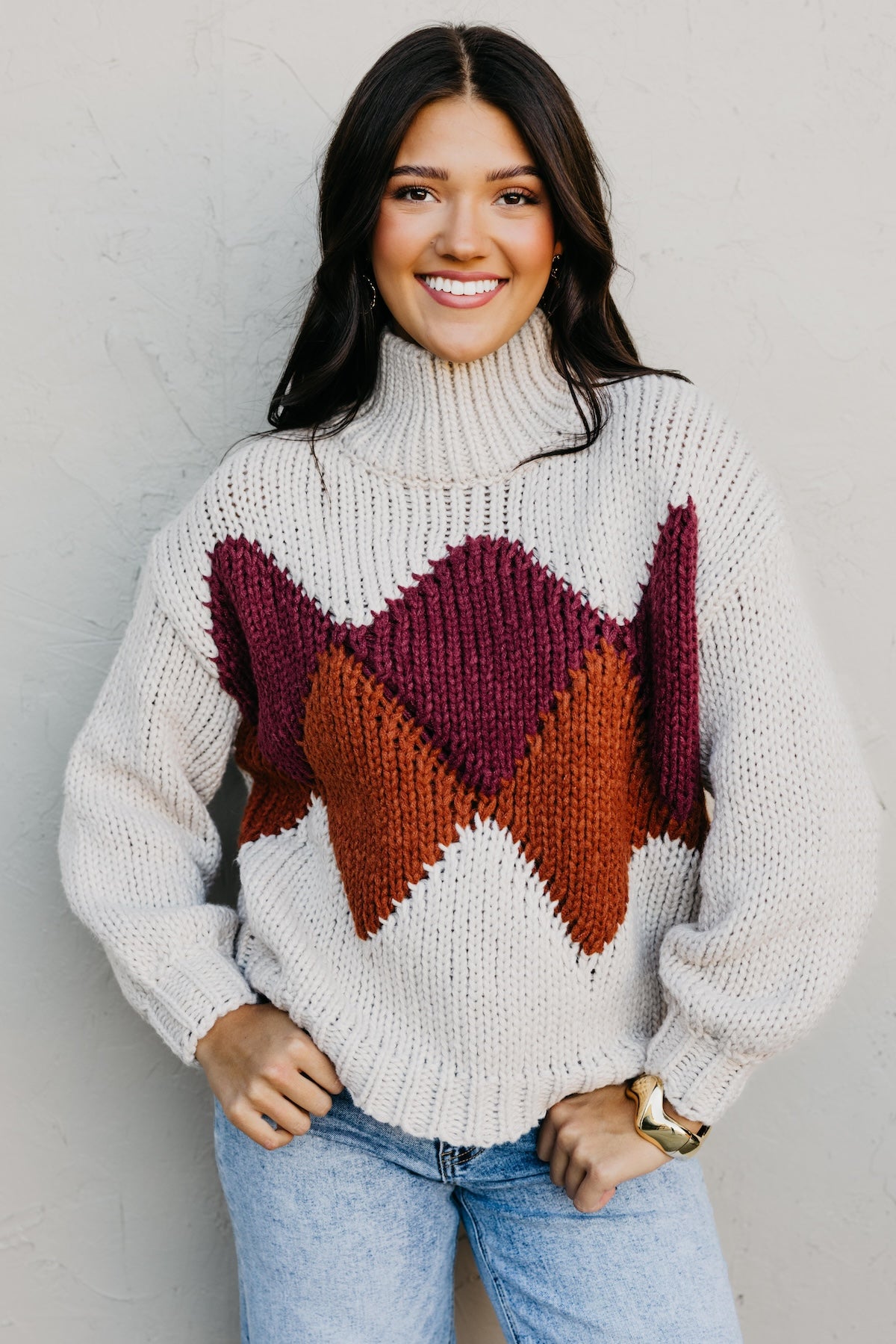The Faye Argyle Pattern Chunky Sweater