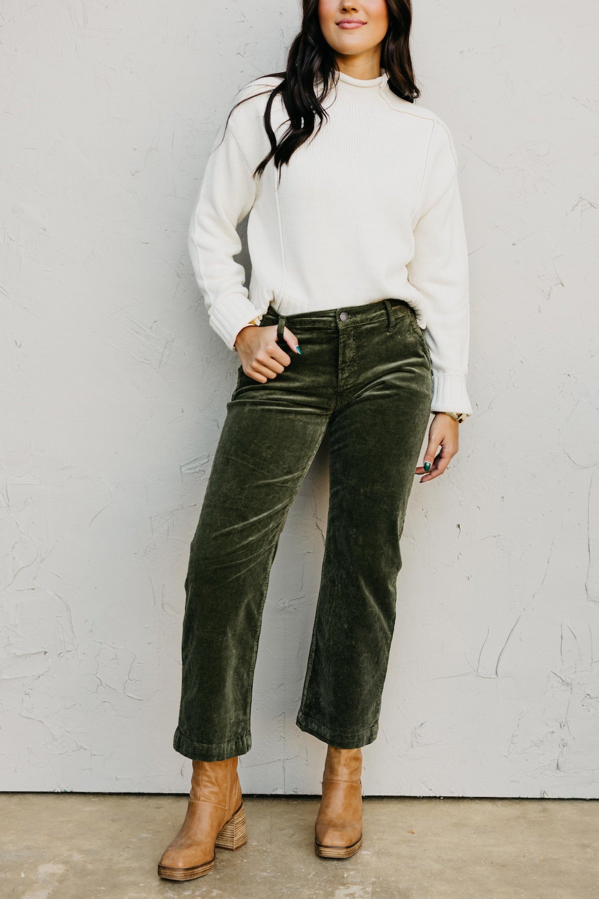 Risen Denim | Tummy Control Mid Rise Ankle Straight Corduroy Pant