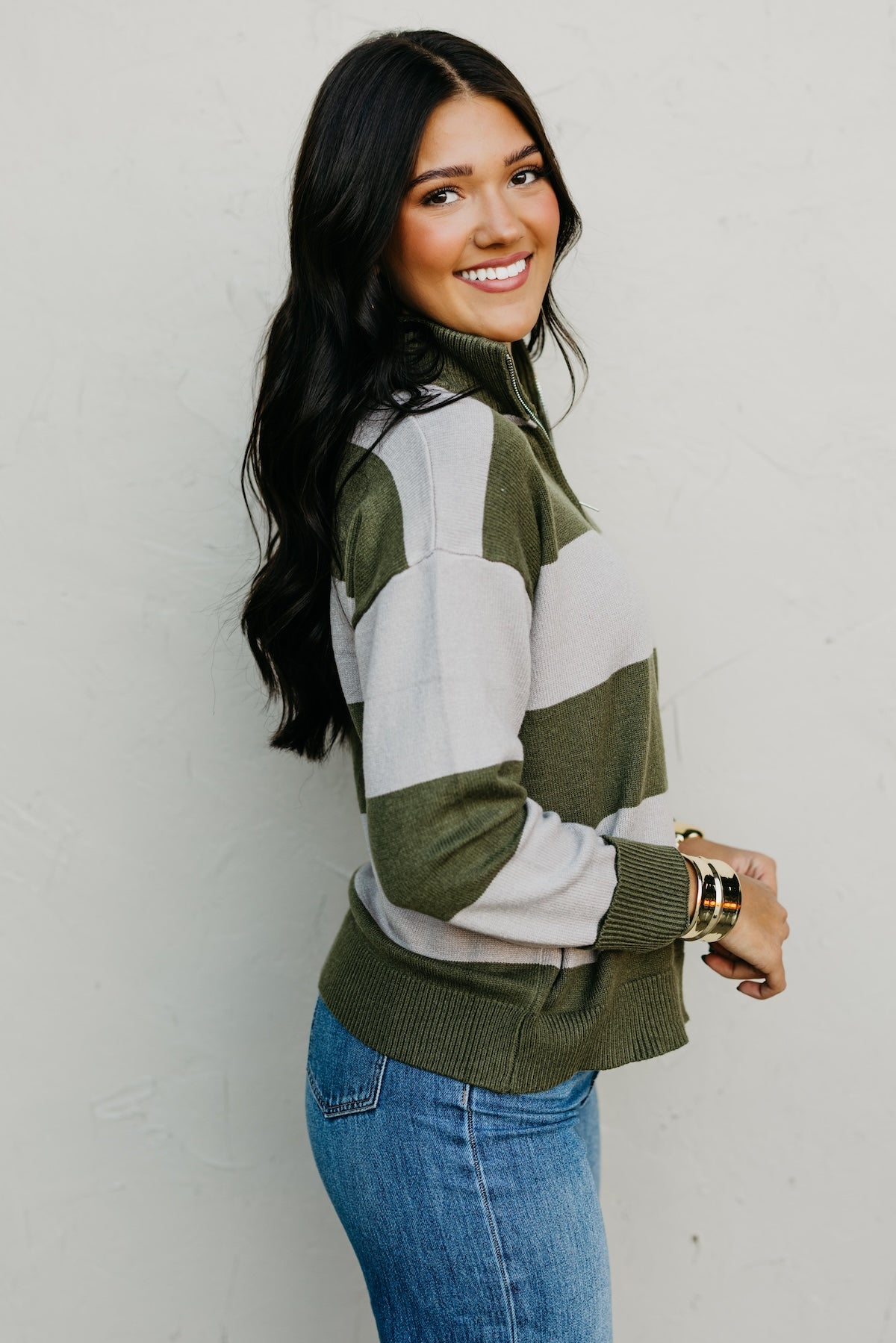 The Layla Quarter Zip Striped Sweater