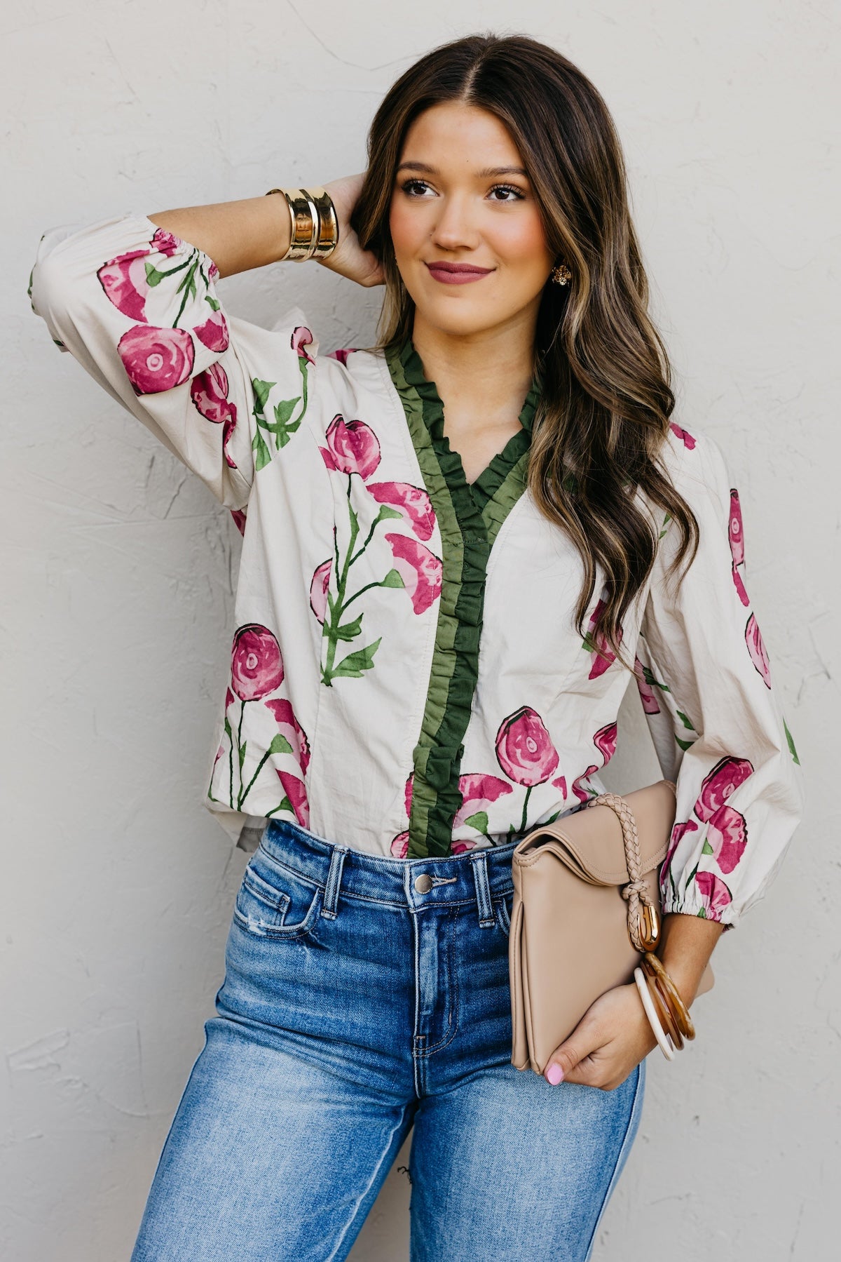 The Rosey Floral Woven Ruffle Blouse