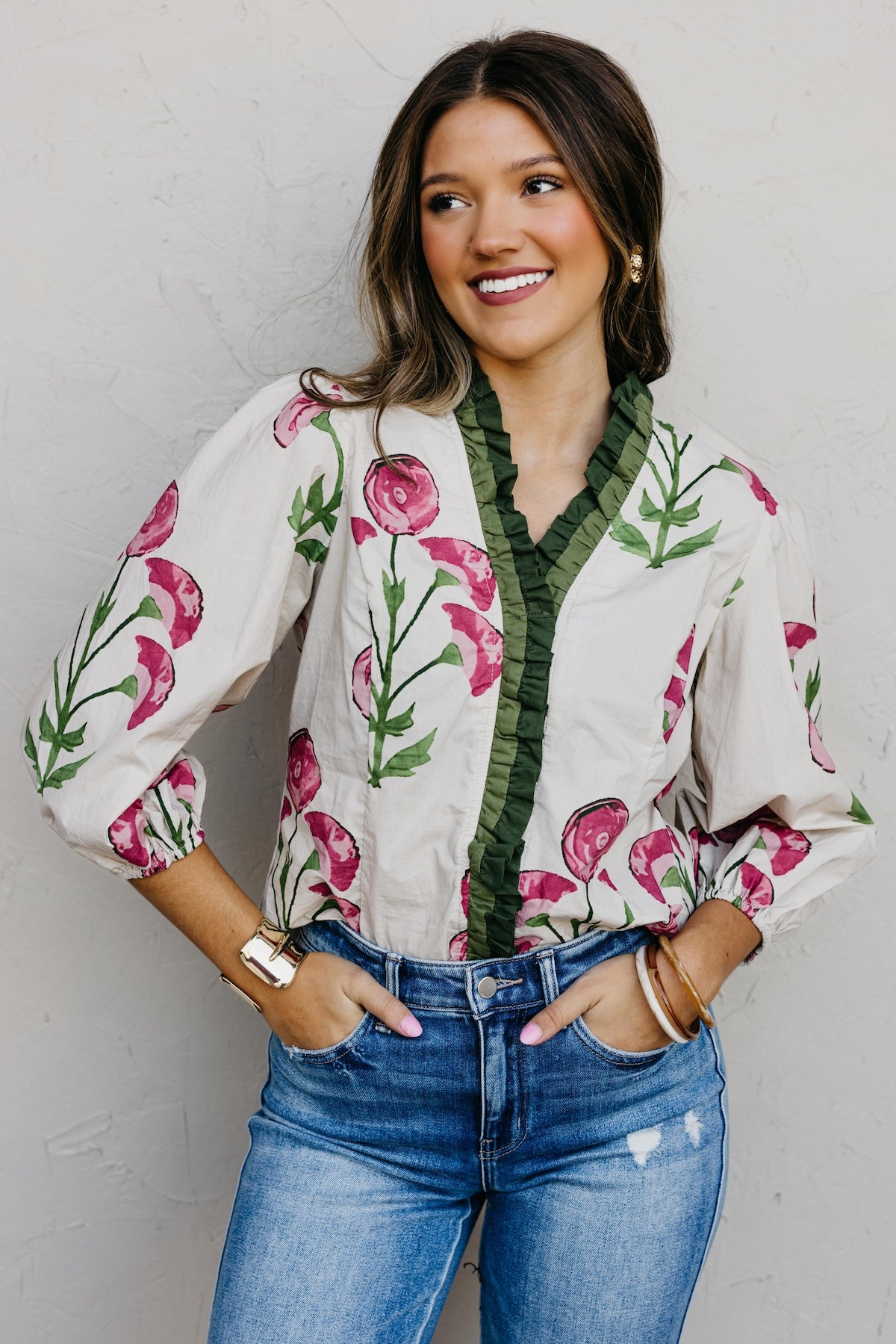 The Rosey Floral Woven Ruffle Blouse