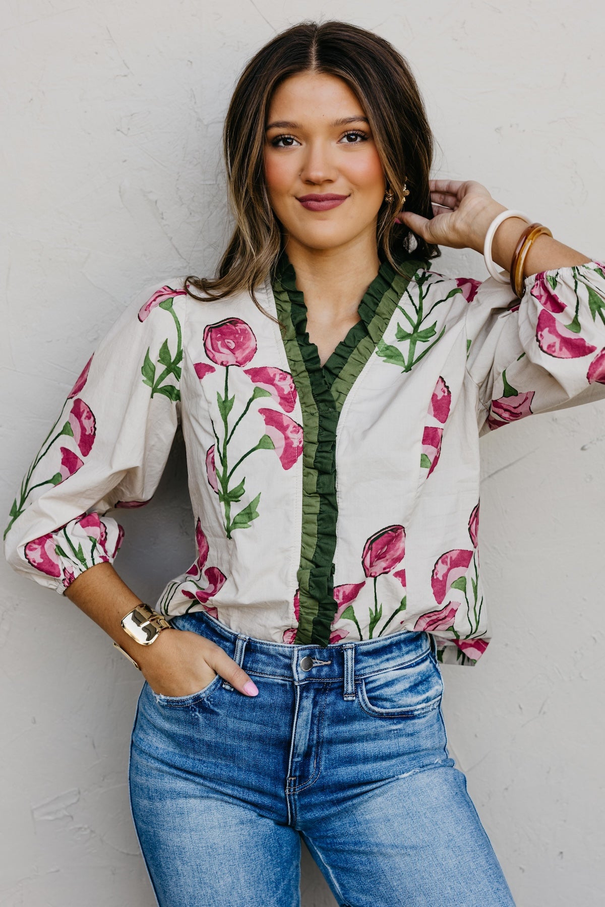 The Rosey Floral Woven Ruffle Blouse